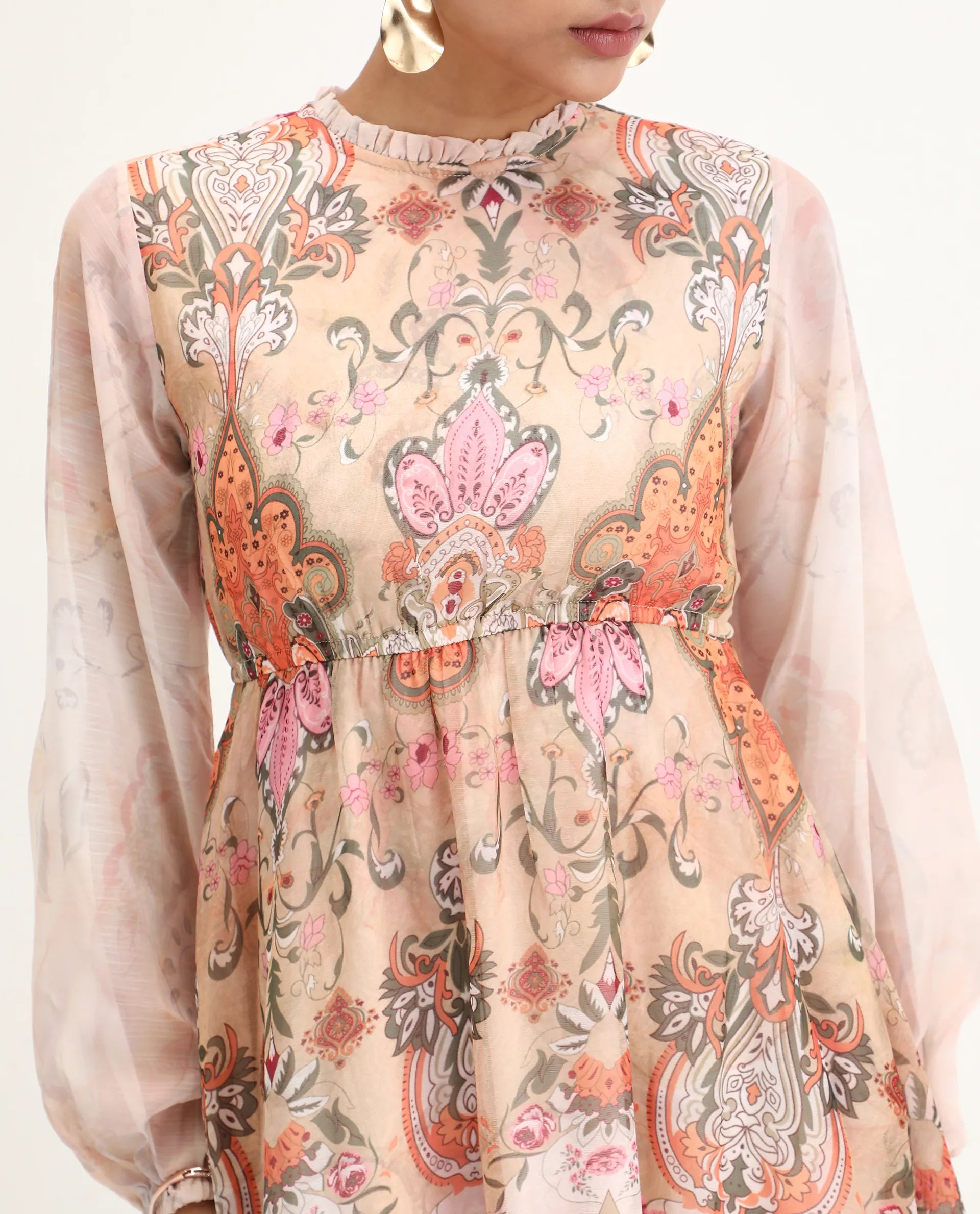 Rareism Women's Ronav Beige Polyester Ruffled Neck Floral Print Bishop Sleeve Maxi Fit And Flare Dress