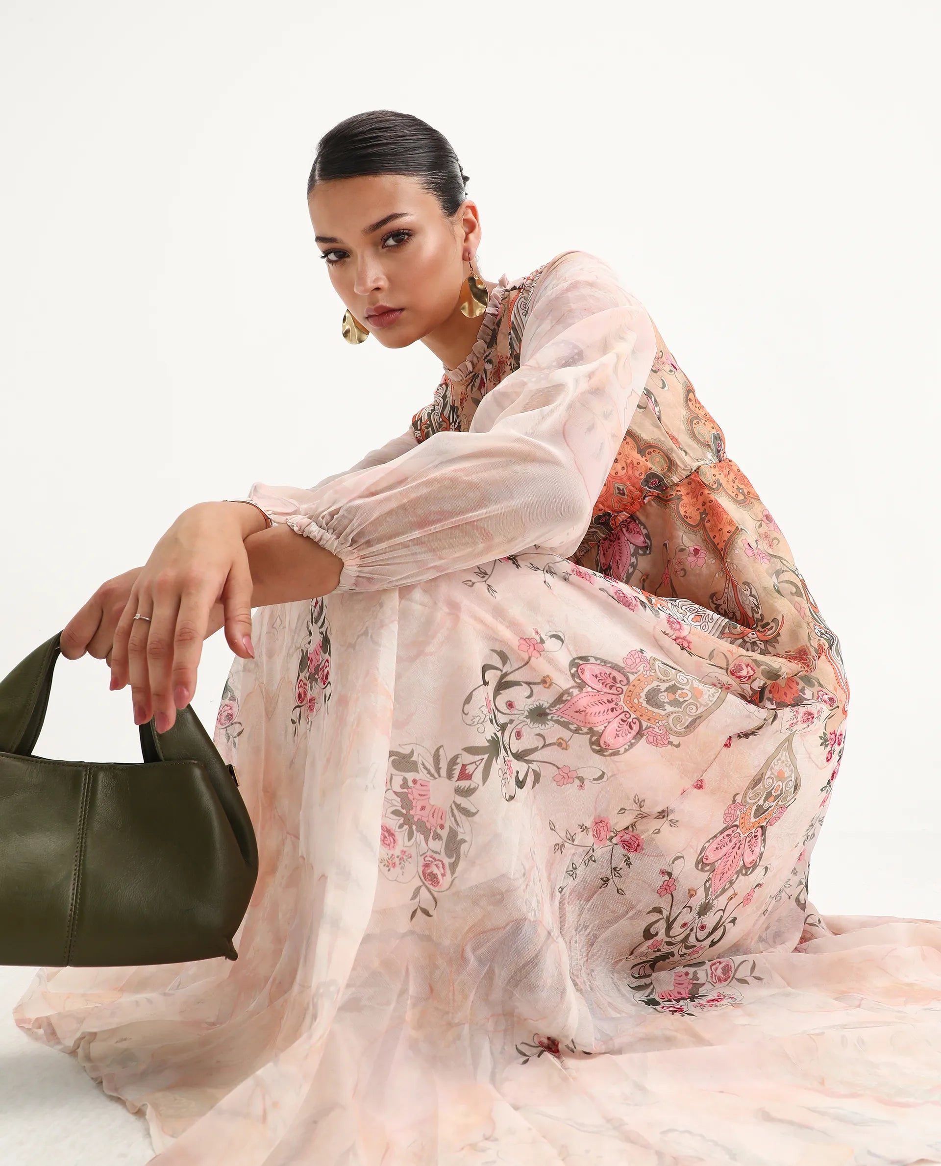 Rareism Women's Ronav Beige Polyester Ruffled Neck Floral Print Bishop Sleeve Maxi Fit And Flare Dress