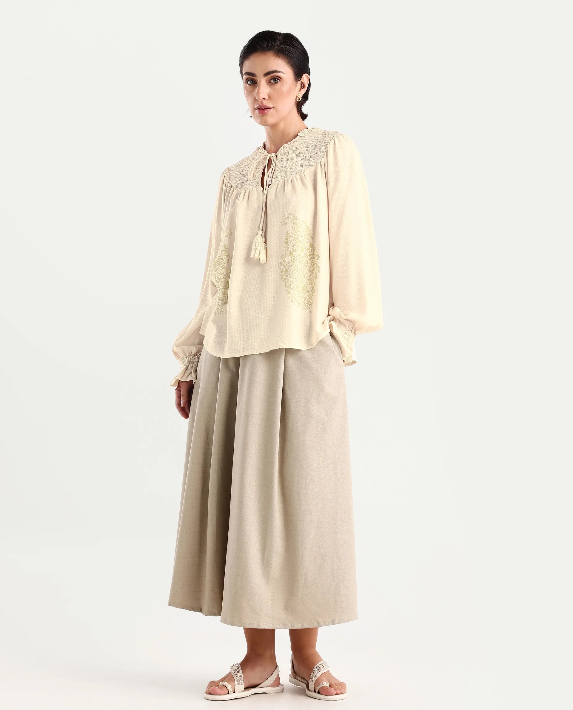 Rareism Women's Ronavi-T Beige Viscose Ruffled Neck Paisley Print Raglan Sleeve Relaxed Fit Top