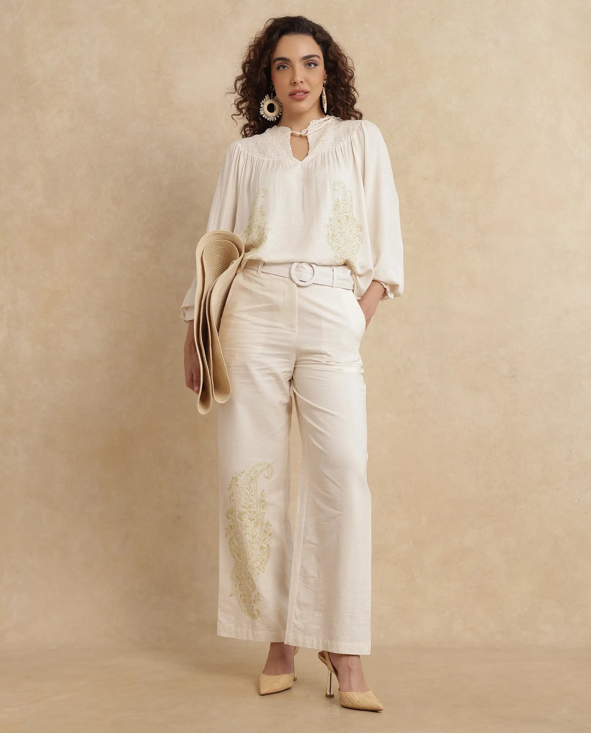 Rareism Women Ronavi-B Beige Cotton Fabric Wide Fit Paisley Print Trouser