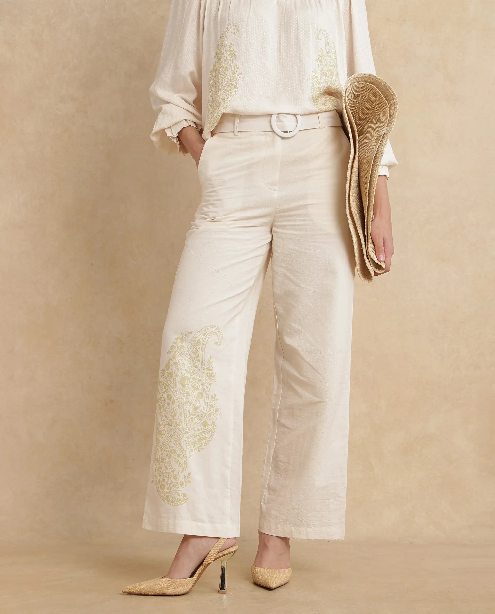 Rareism Women Ronavi-B Beige Cotton Fabric Wide Fit Paisley Print Trouser