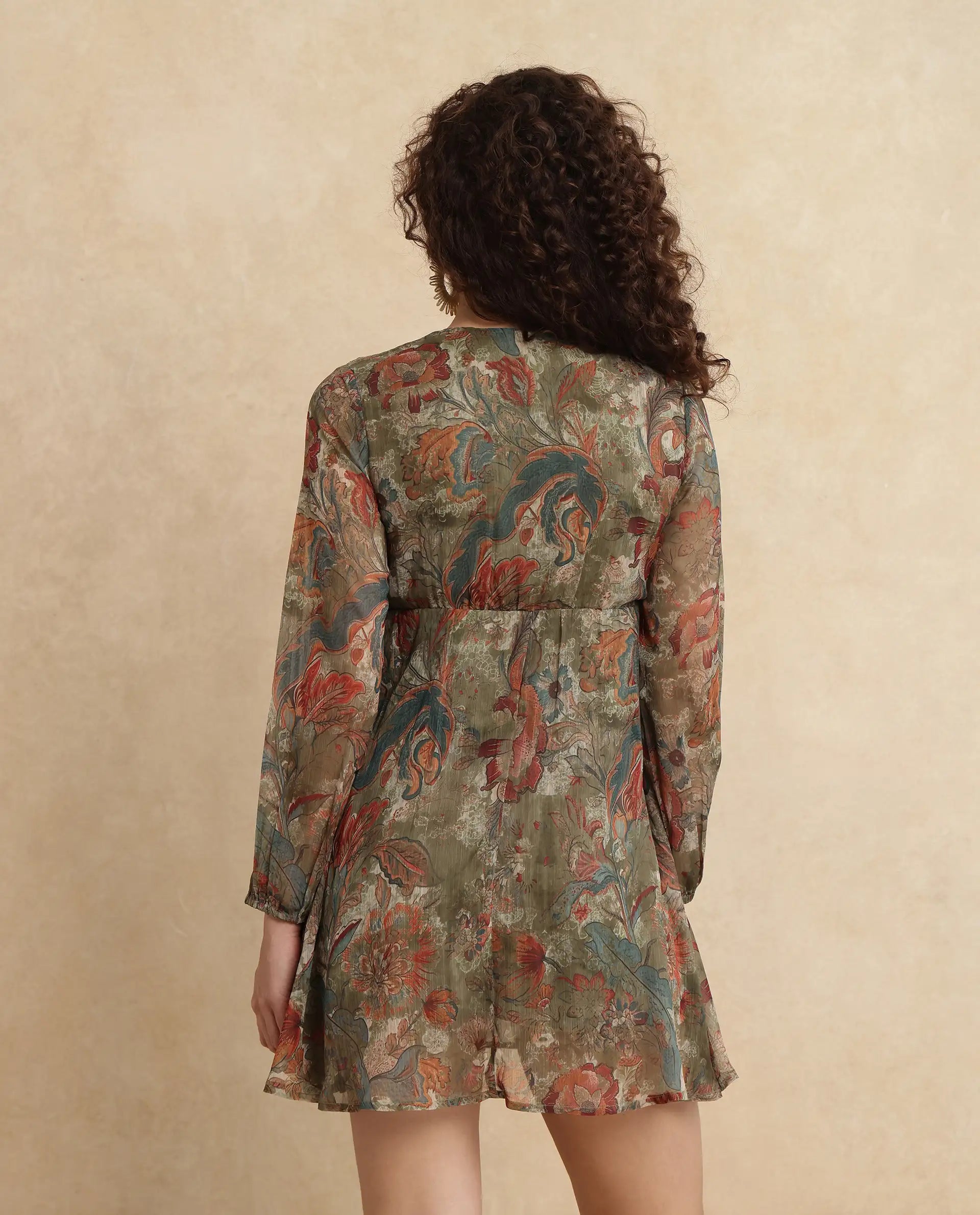 Rareism Women's Ronax Green Polyester Fabric V-Neck Slip-On Closure Bishop Sleeve Floral Print Fit And Flare Mini Dress