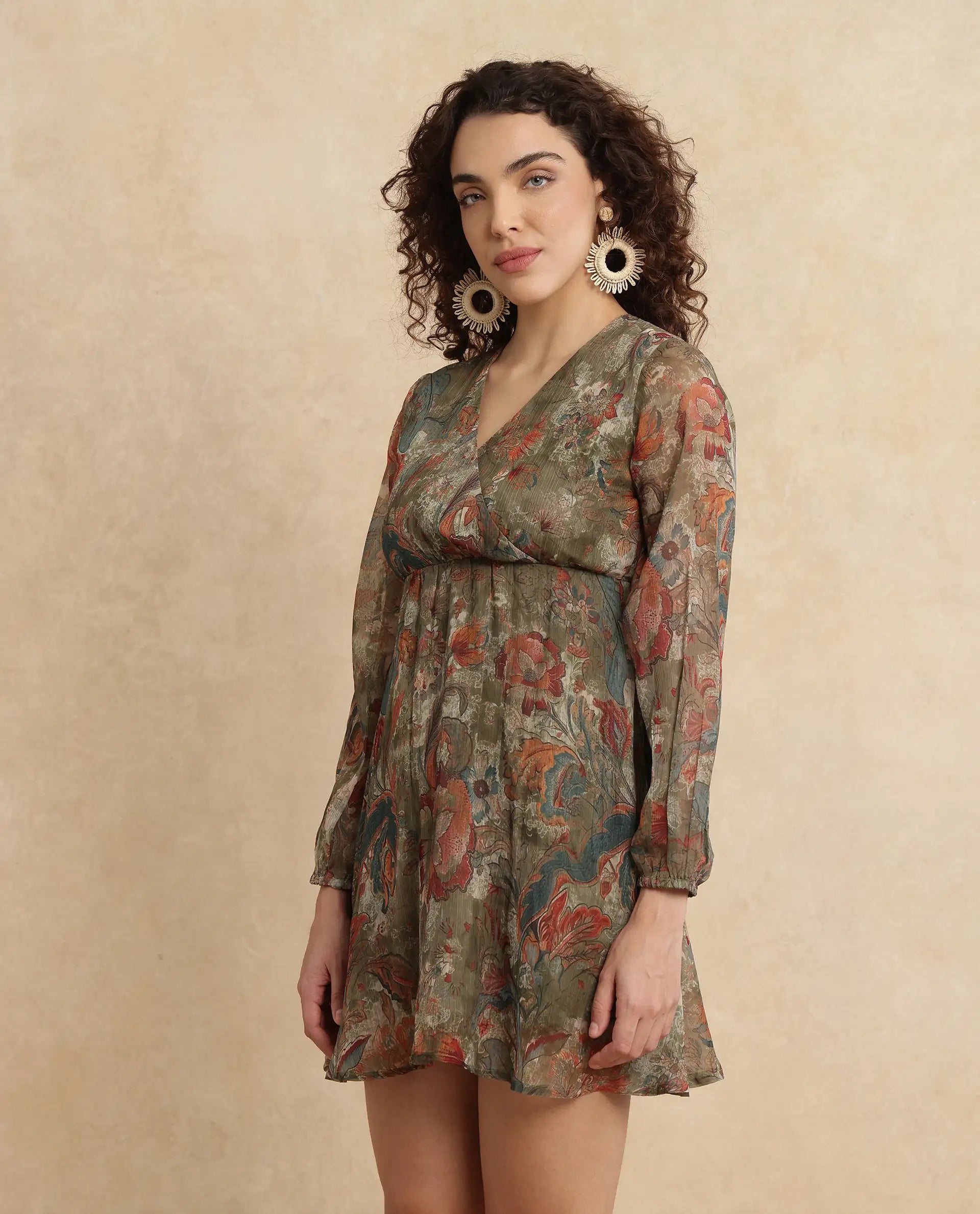 Rareism Women's Ronax Green Polyester Fabric V-Neck Slip-On Closure Bishop Sleeve Floral Print Fit And Flare Mini Dress