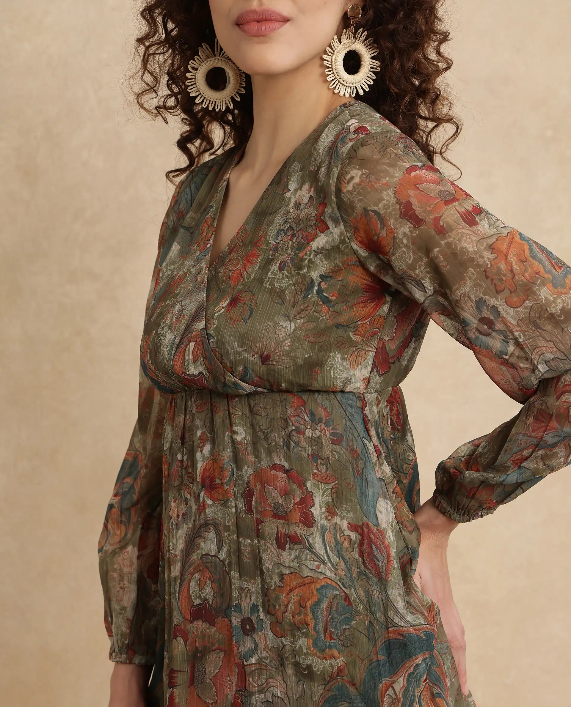 Rareism Women's Ronax Green Polyester Fabric V-Neck Slip-On Closure Bishop Sleeve Floral Print Fit And Flare Mini Dress