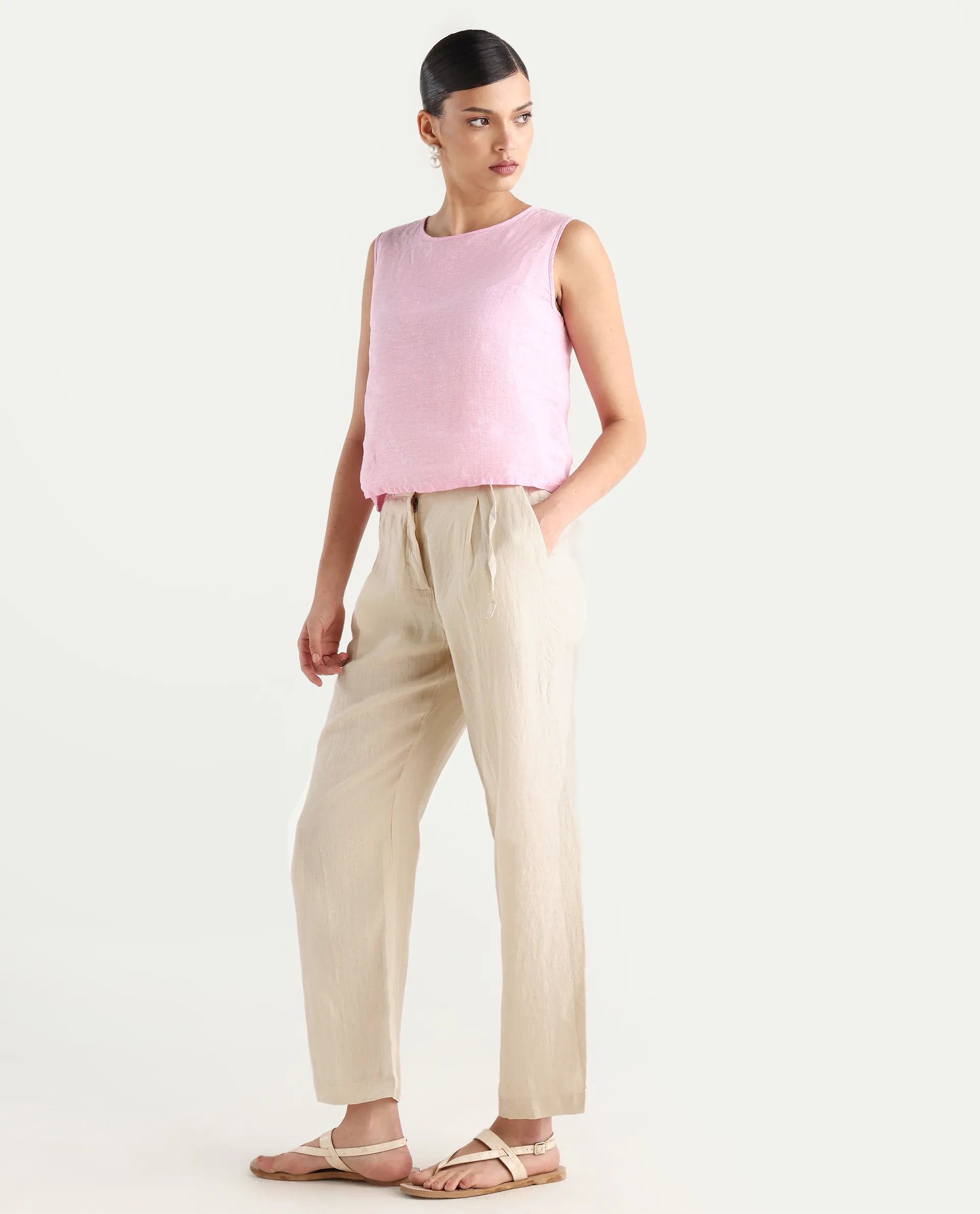 Rareism Women's Ronbla B Beige Linen Plain Ankle Length Straight Fit Trouser