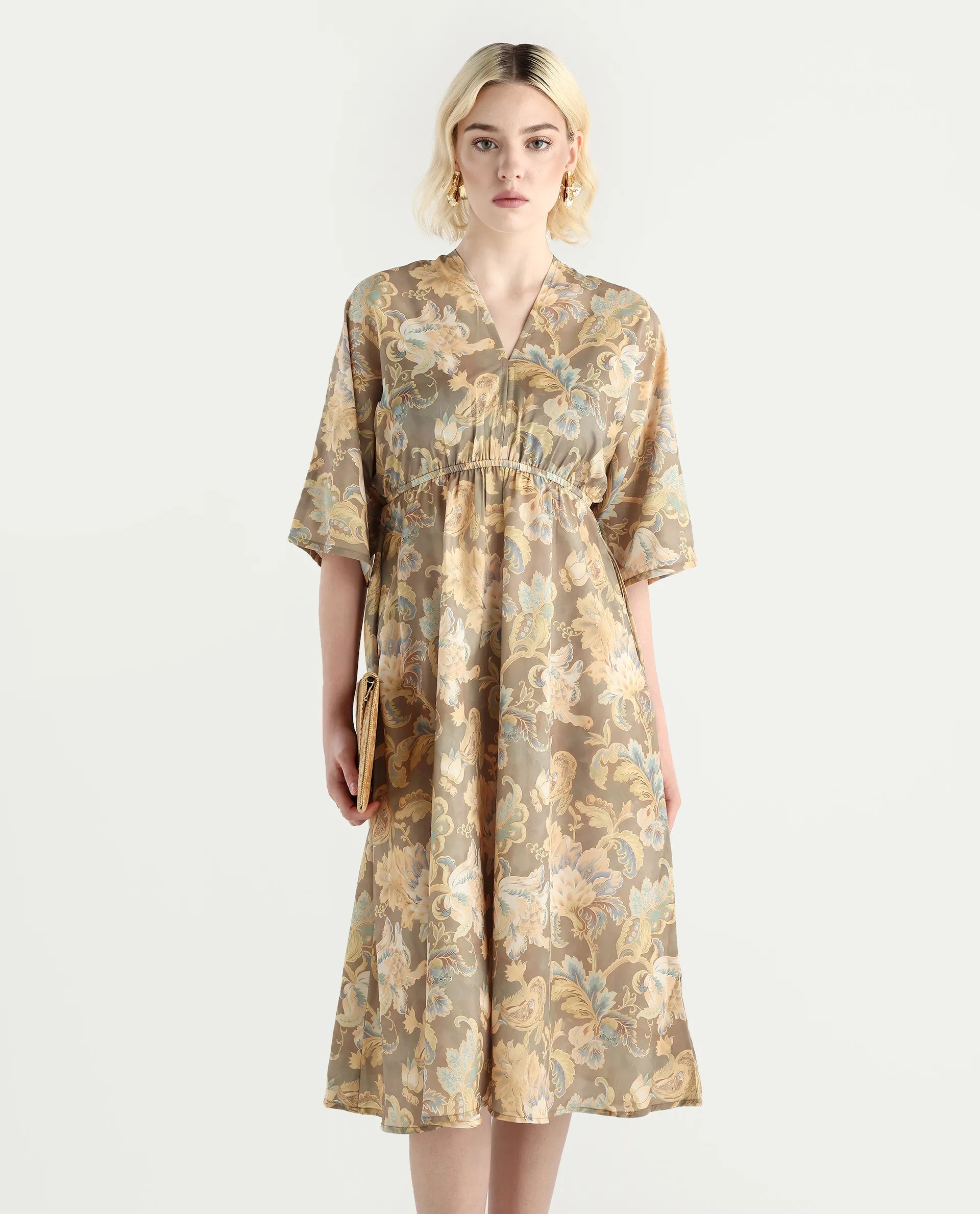 Rareism Women's Ronboh Dark Green Polyester V-Neck Floral Print Kimono Sleeve Knee Length Flared Dress