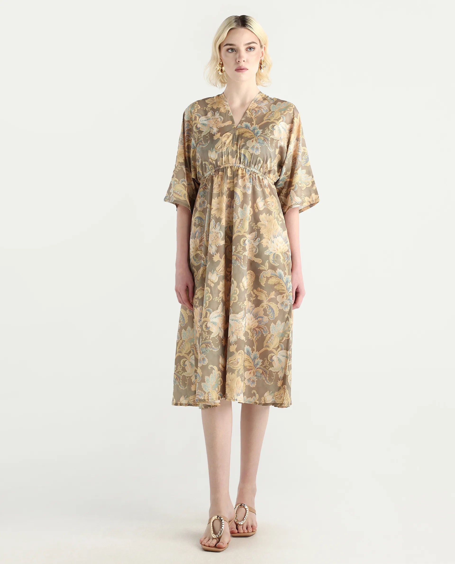 Rareism Women's Ronboh Dark Green Polyester V-Neck Floral Print Kimono Sleeve Knee Length Flared Dress