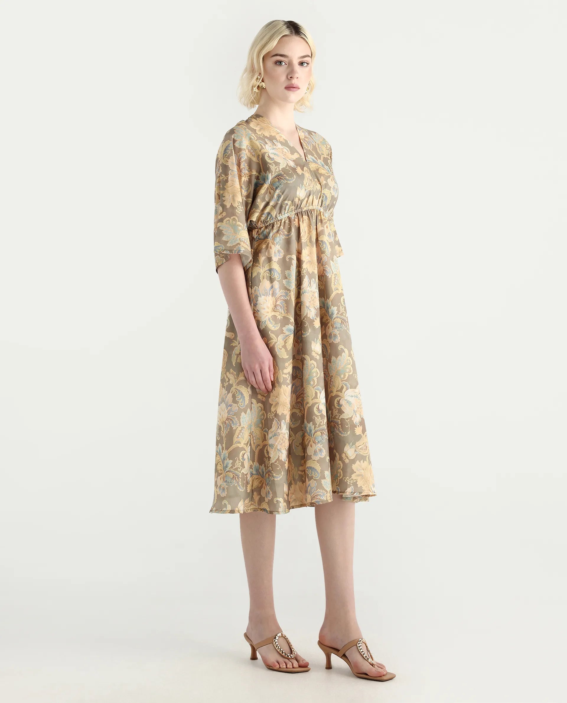 Rareism Women's Ronboh Dark Green Polyester V-Neck Floral Print Kimono Sleeve Knee Length Flared Dress