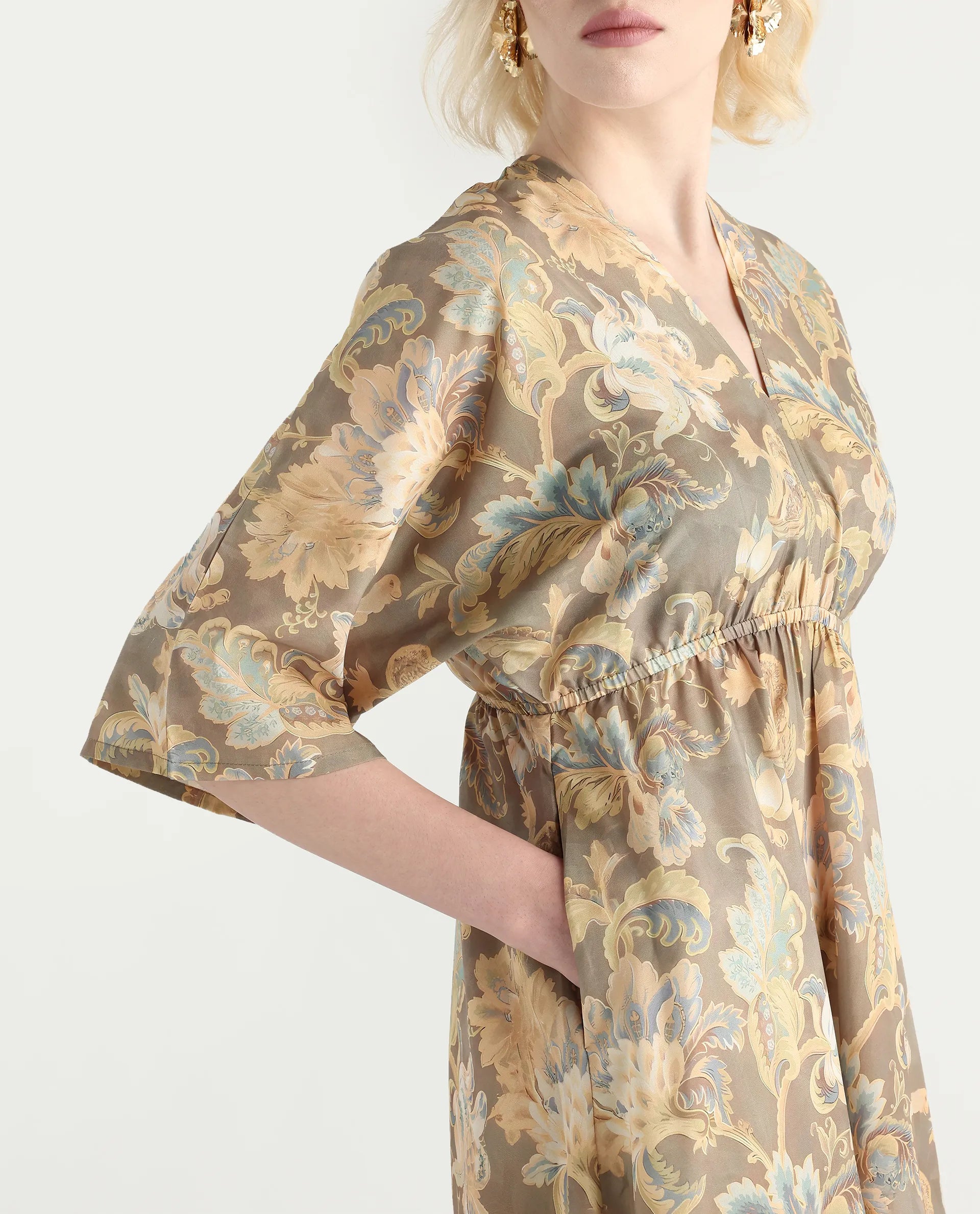 Rareism Women's Ronboh Dark Green Polyester V-Neck Floral Print Kimono Sleeve Knee Length Flared Dress