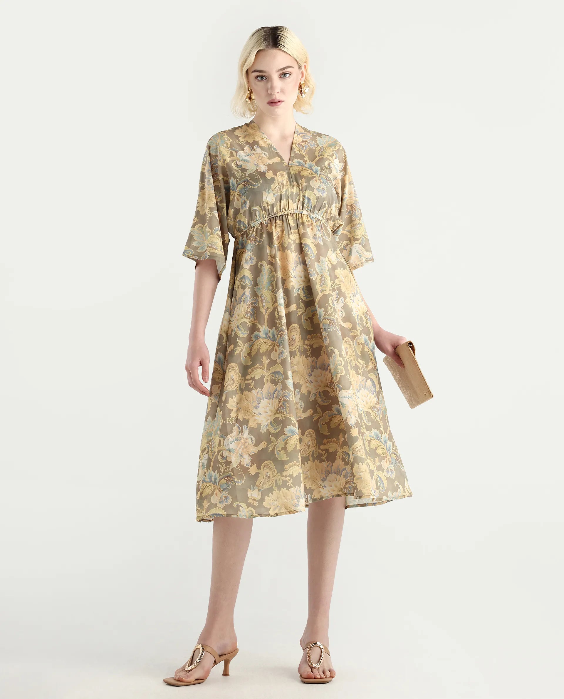 Rareism Women's Ronboh Dark Green Polyester V-Neck Floral Print Kimono Sleeve Knee Length Flared Dress