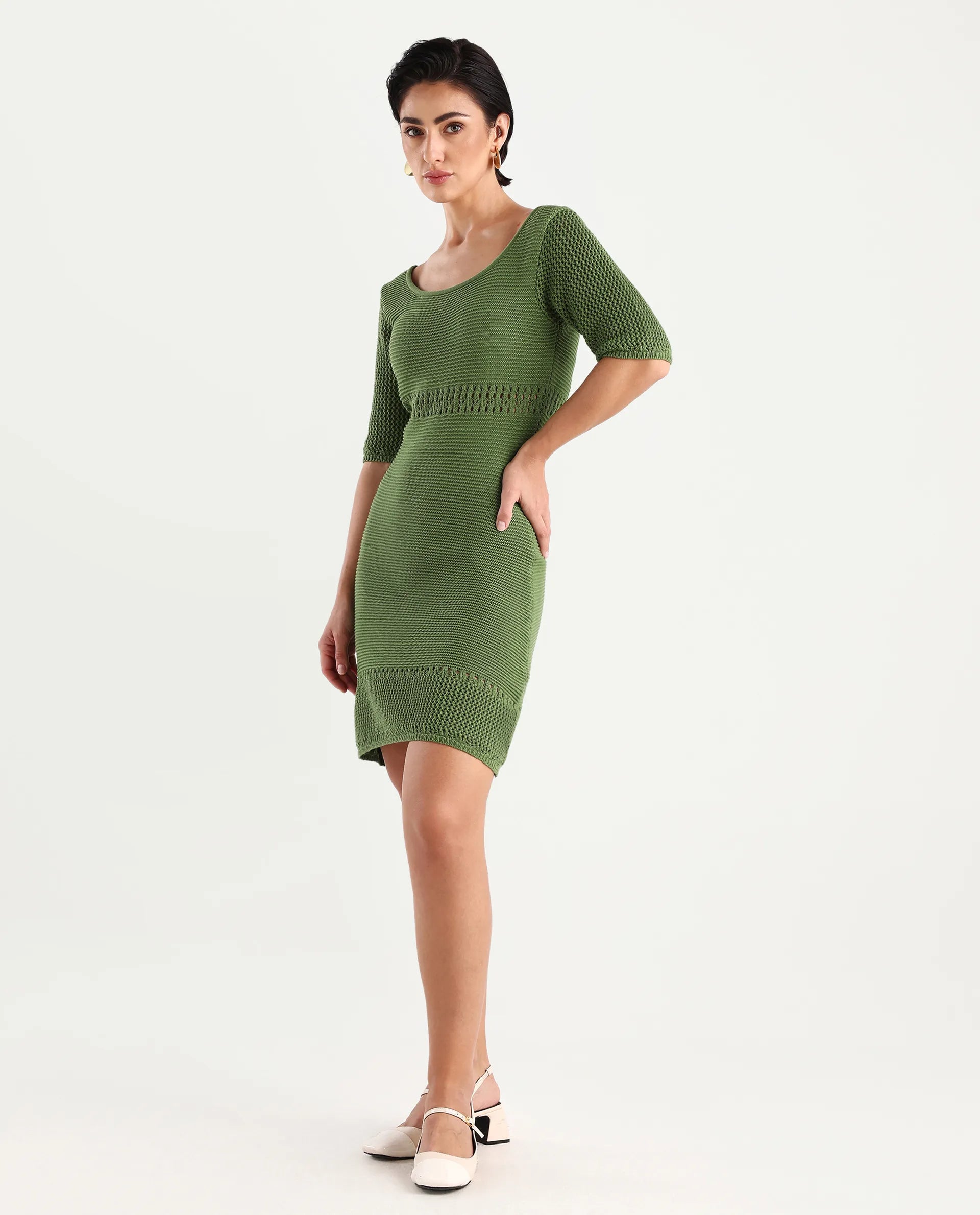 Rareism Women's Roncrod Dusky Olive Cotton Scoop Neck Plain Knee Length A-Line Dress