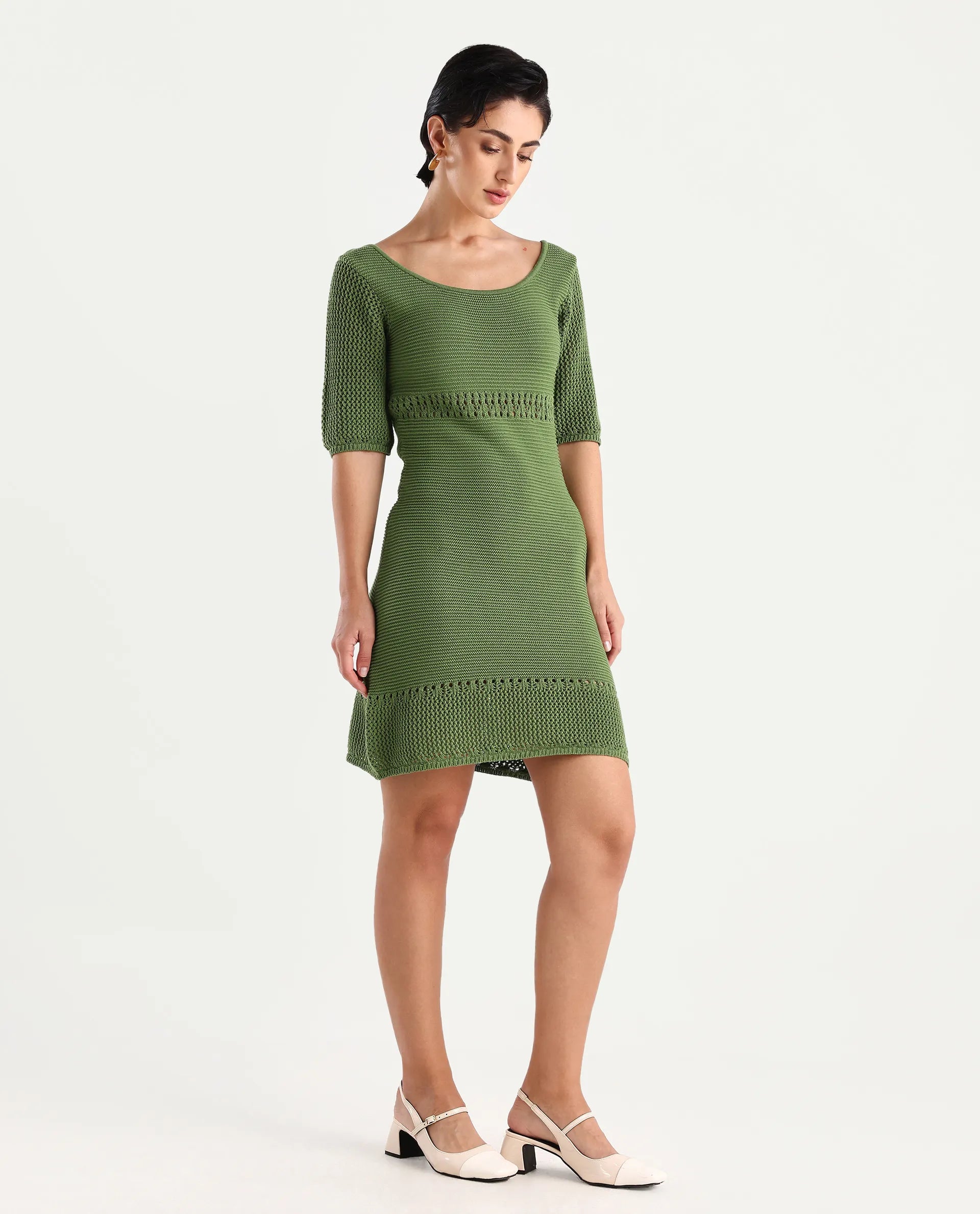 Rareism Women's Roncrod Dusky Olive Cotton Scoop Neck Plain Knee Length A-Line Dress