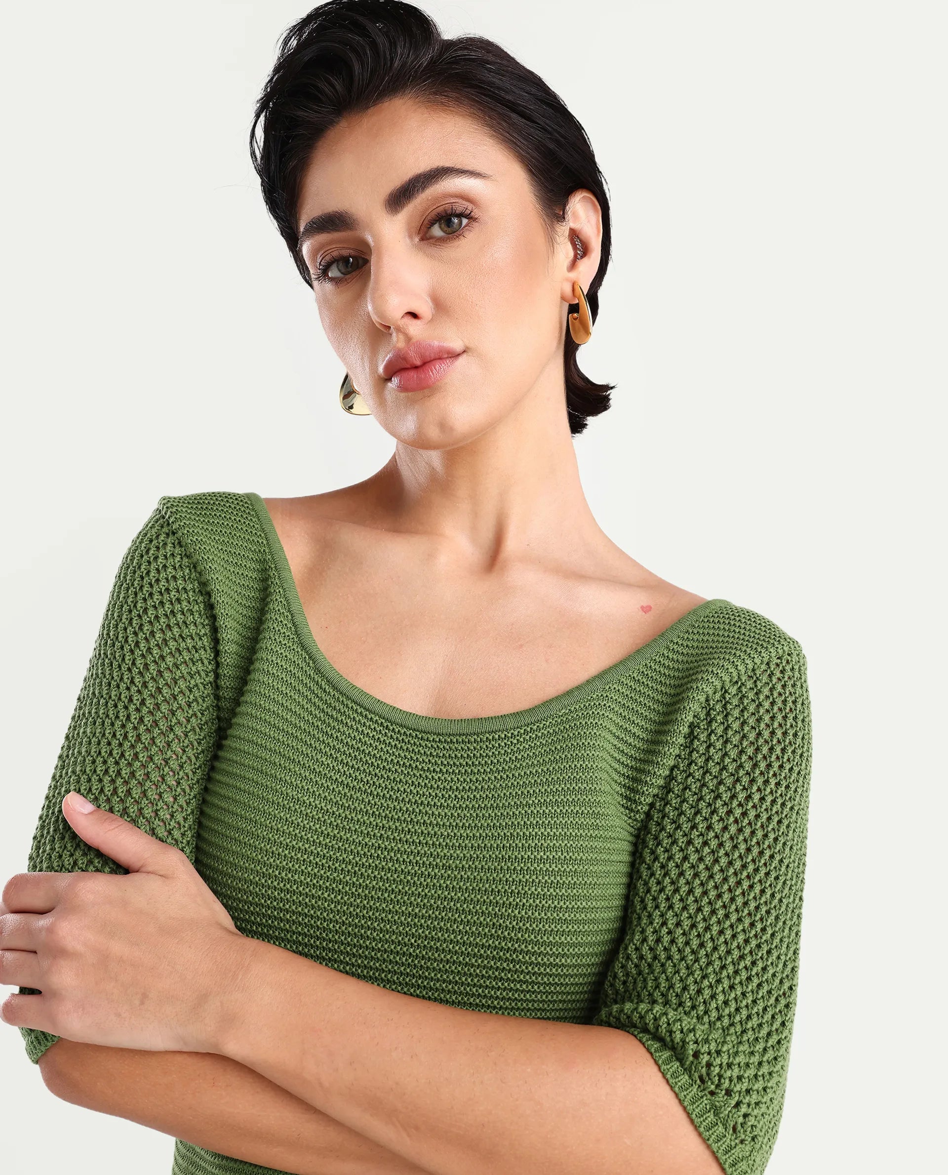 Rareism Women's Roncrod Dusky Olive Cotton Scoop Neck Plain Knee Length A-Line Dress