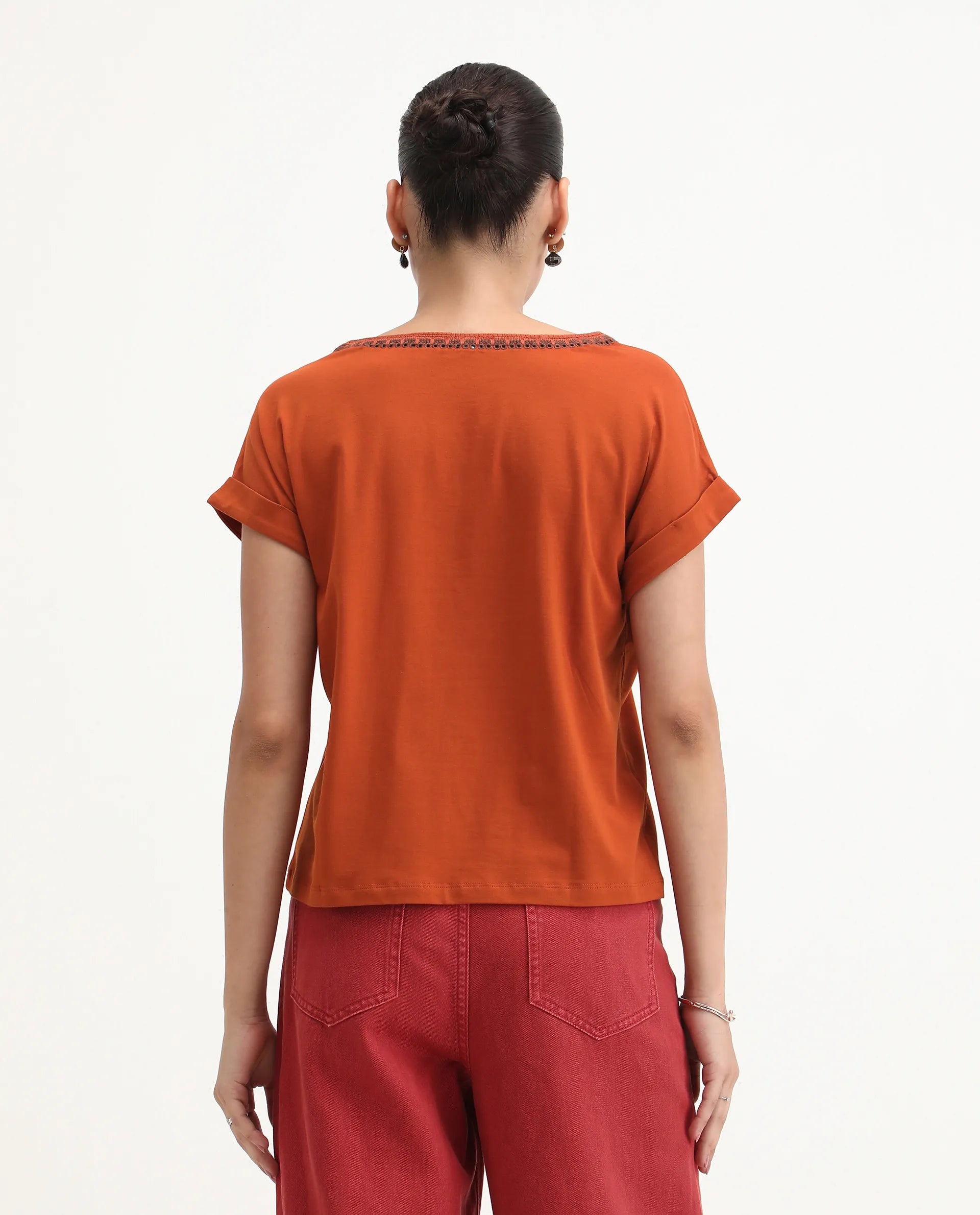 Rareism Women's Roncro Rust Cotton Blend Round Neck Plain Extended Sleeves Regular Fit T-Shirt