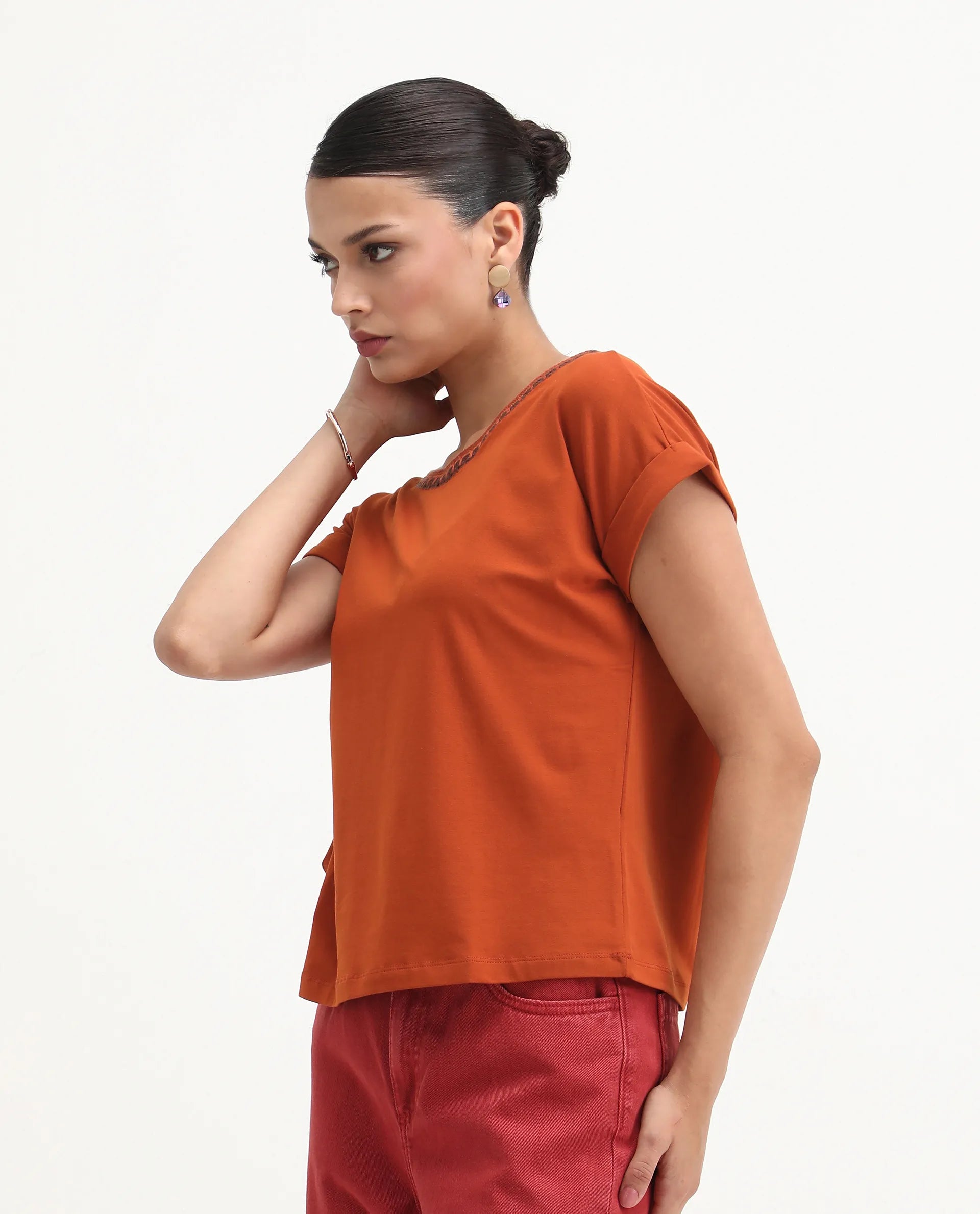 Rareism Women's Roncro Rust Cotton Blend Round Neck Plain Extended Sleeves Regular Fit T-Shirt