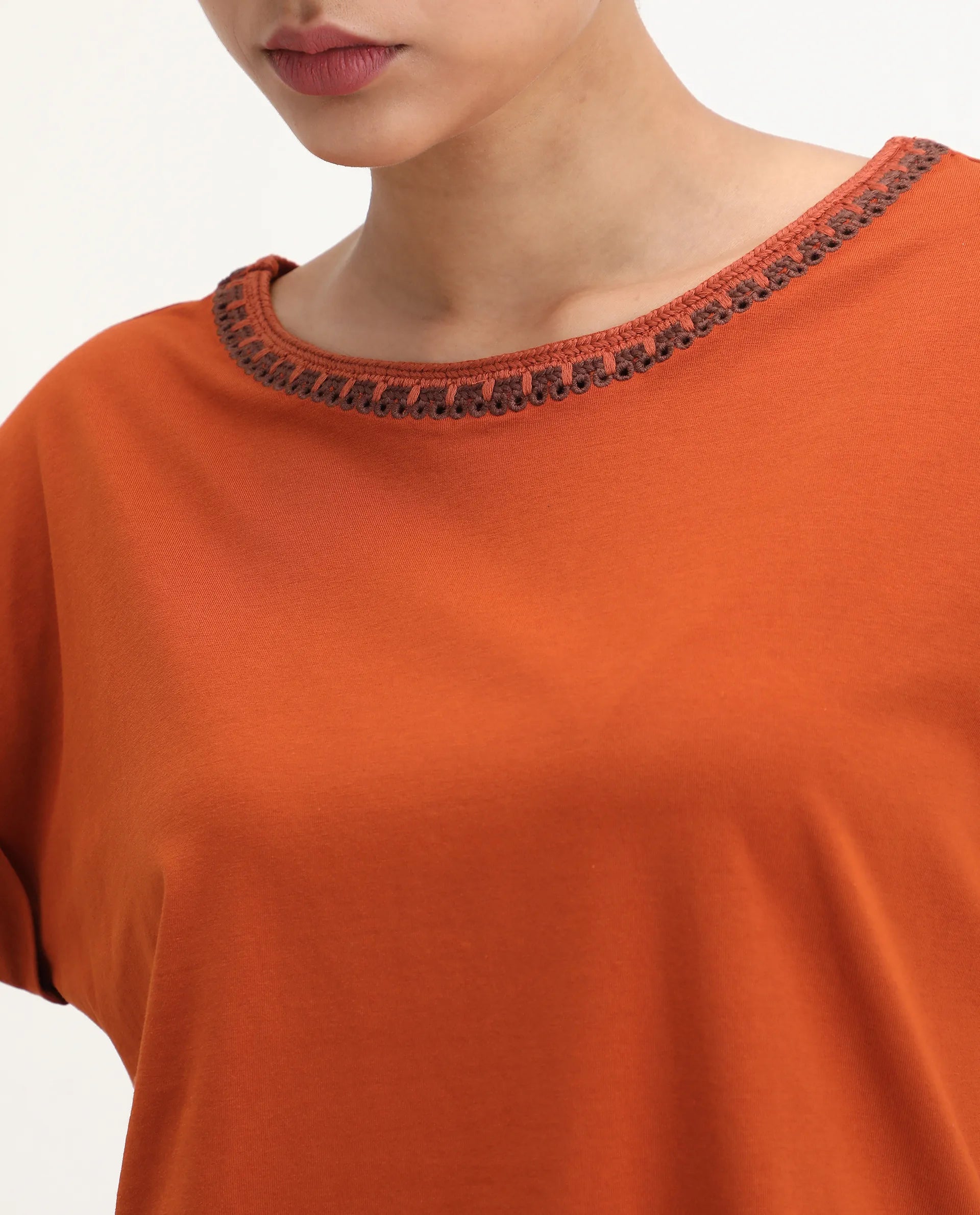 Rareism Women's Roncro Rust Cotton Blend Round Neck Plain Extended Sleeves Regular Fit T-Shirt