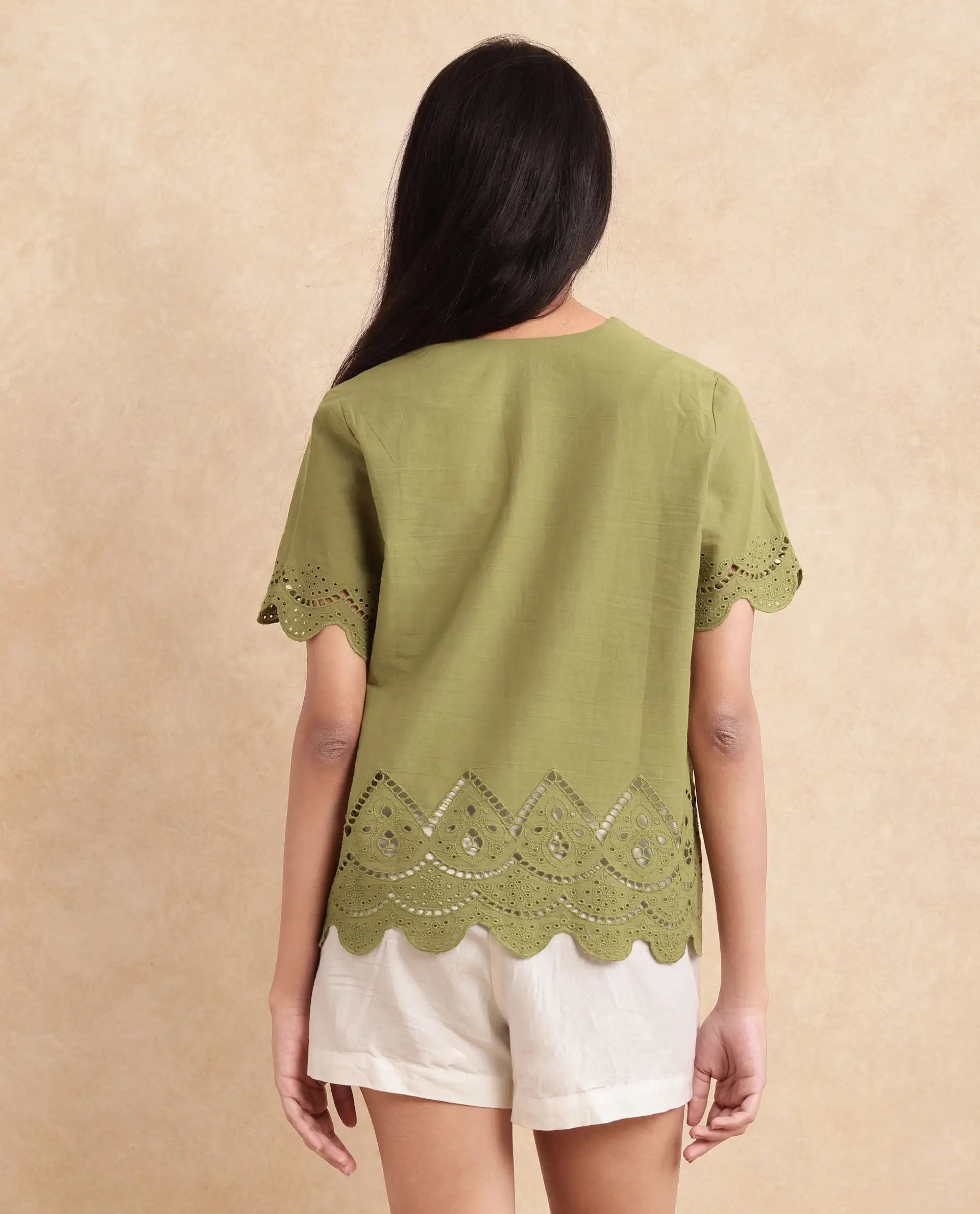 Rareism Women Rone Green Cotton Fabric Regular Sleeve V-Neck Regular Fit Cropped Plain Top