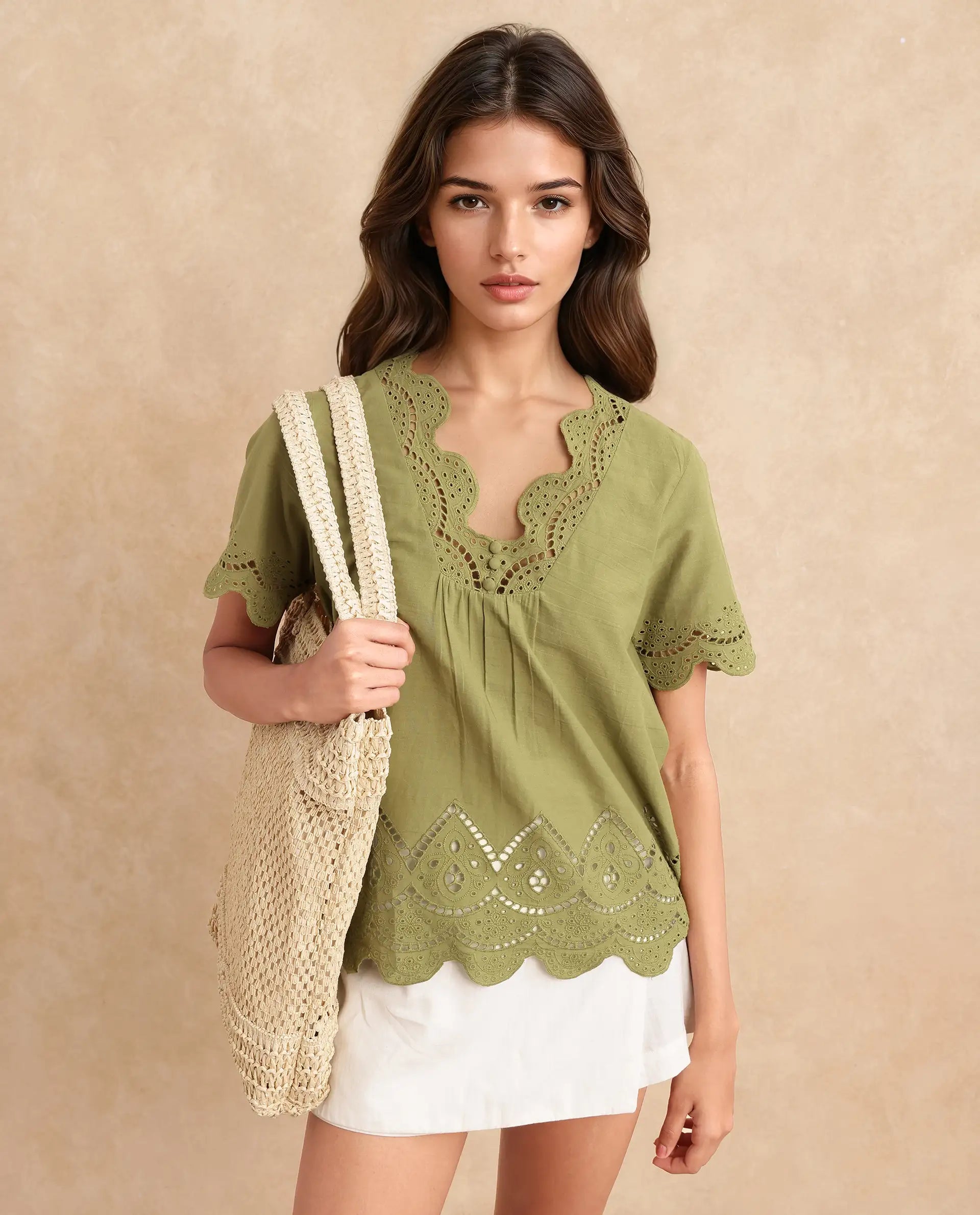 Rareism Women Rone Green Cotton Fabric Regular Sleeve V-Neck Regular Fit Cropped Plain Top