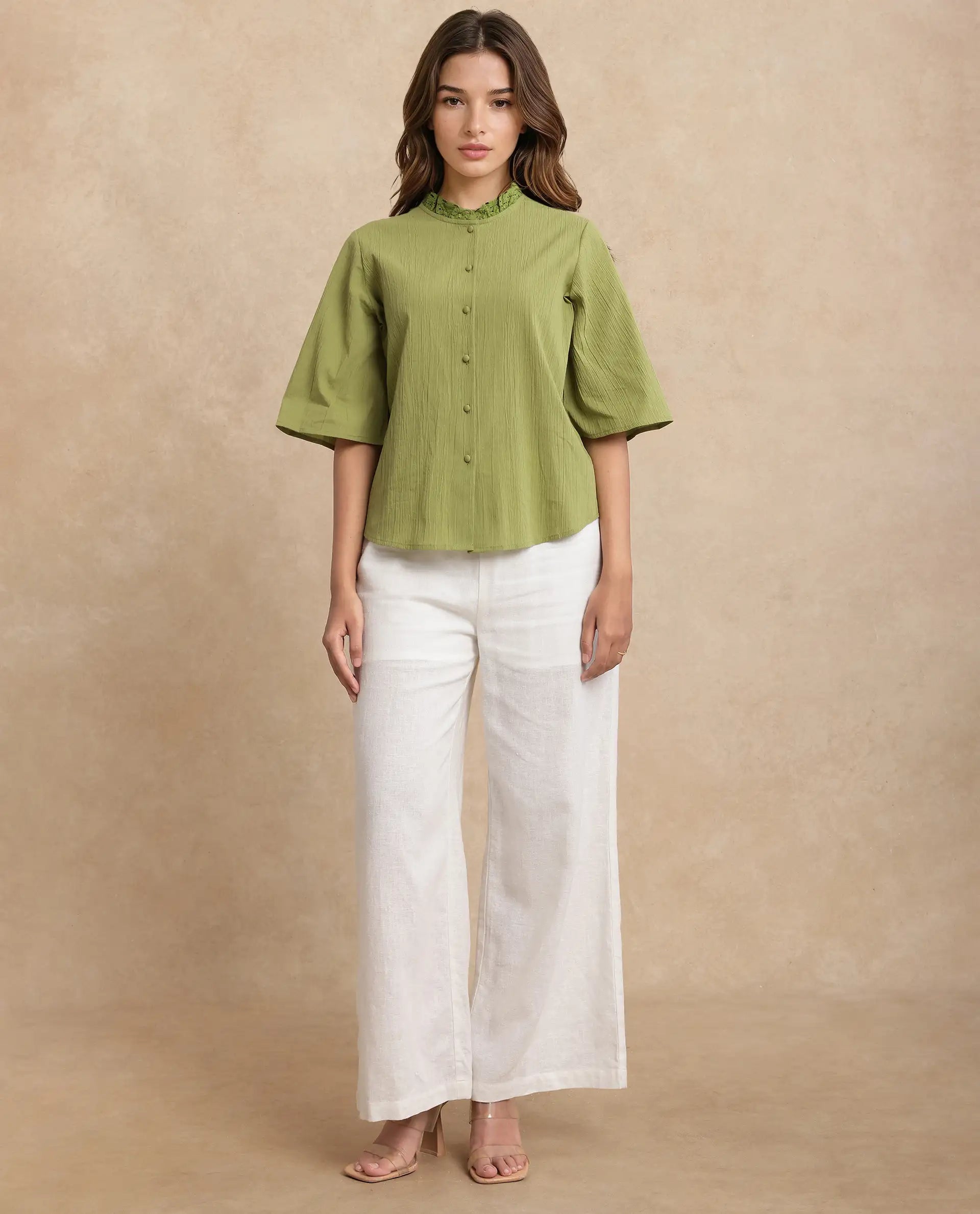 Rareism Women Ronelpa Light Olive Cotton Fabric Bell Sleeves Round Neck Regular Fit Plain Top