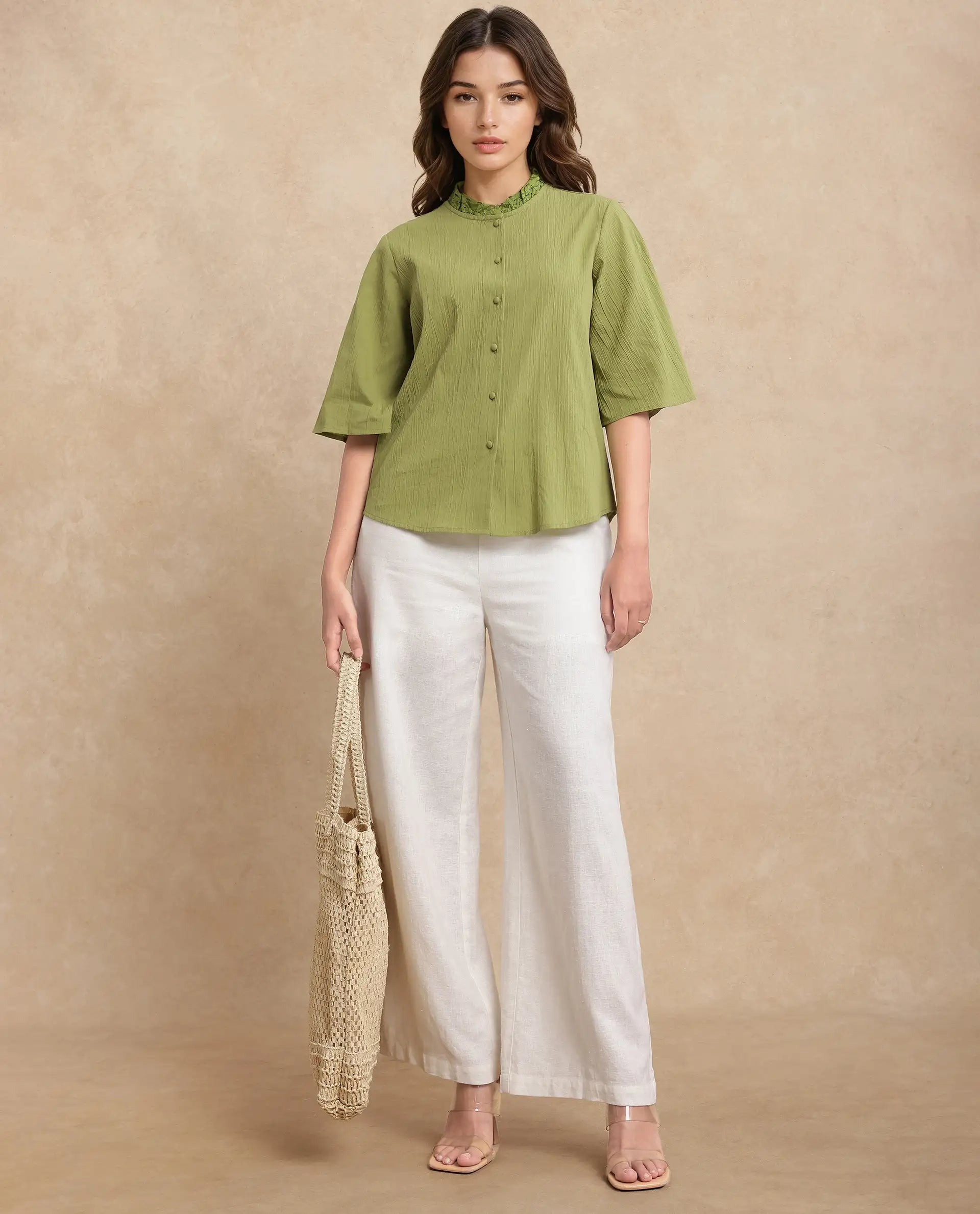 Rareism Women Ronelpa Light Olive Cotton Fabric Bell Sleeves Round Neck Regular Fit Plain Top