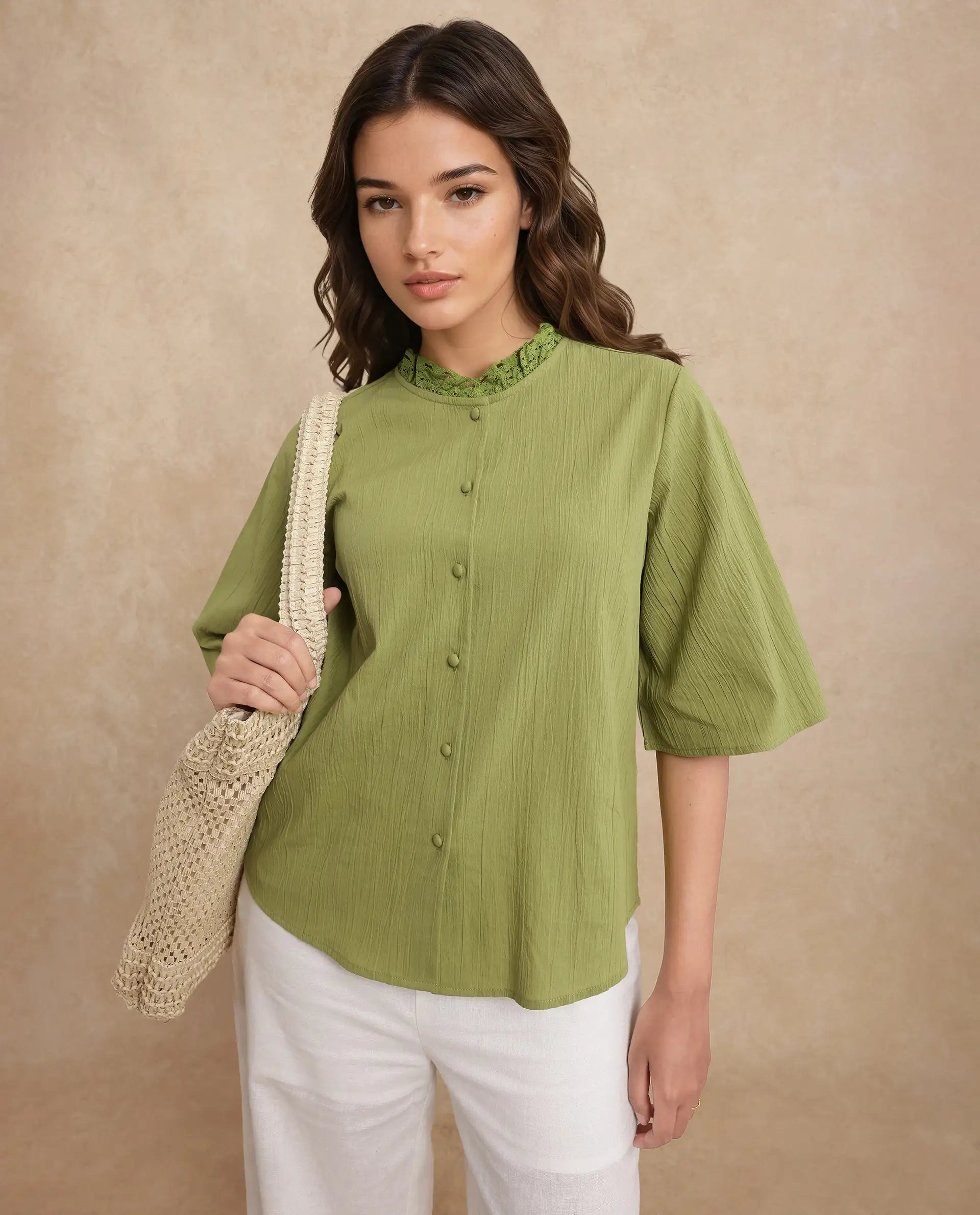 Rareism Women Ronelpa Light Olive Cotton Fabric Bell Sleeves Round Neck Regular Fit Plain Top