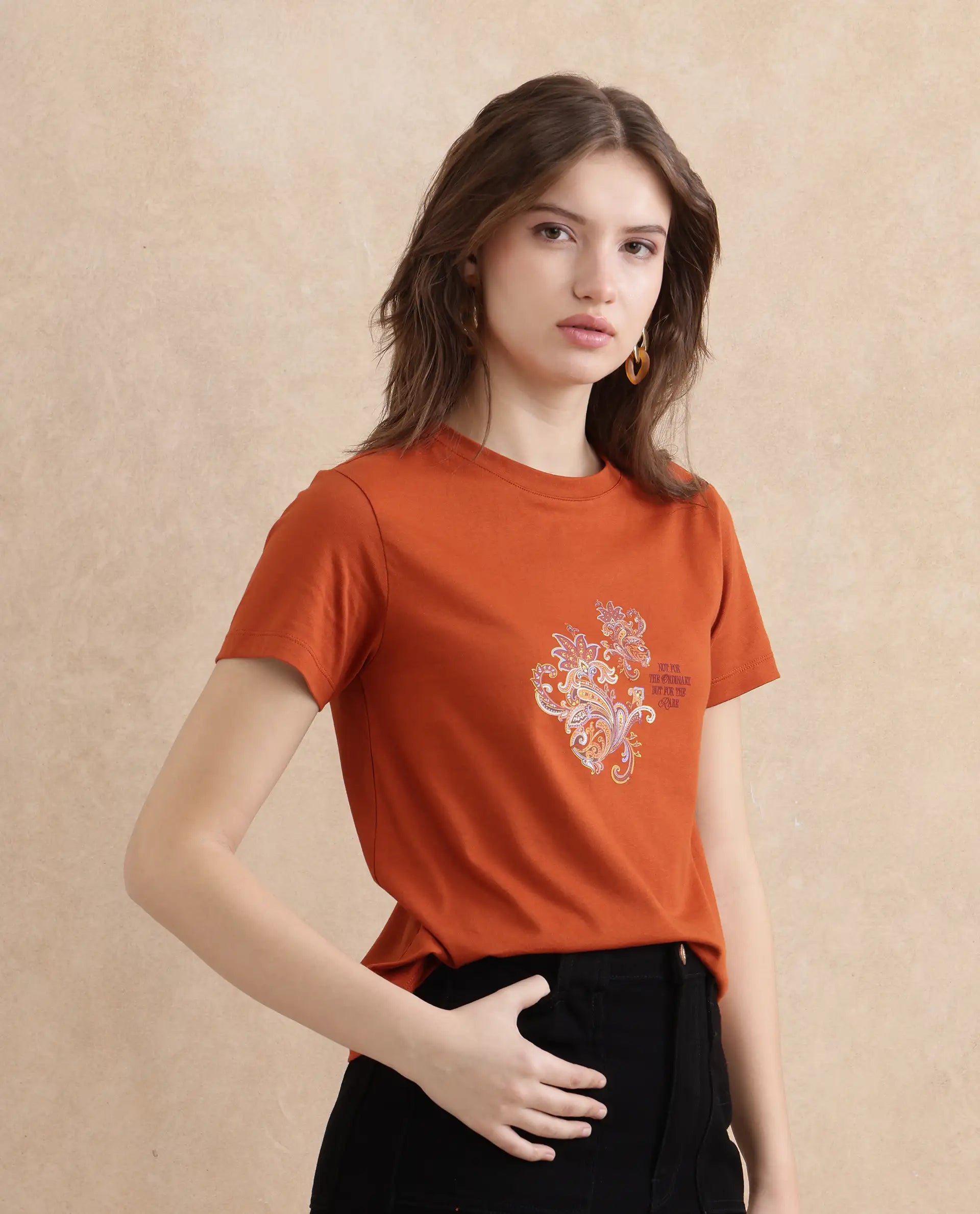 Rareism Women Ronelp Rust Cotton Fabric Regular Sleeve Round Neck Regular Fit Paisley Print T-Shirt