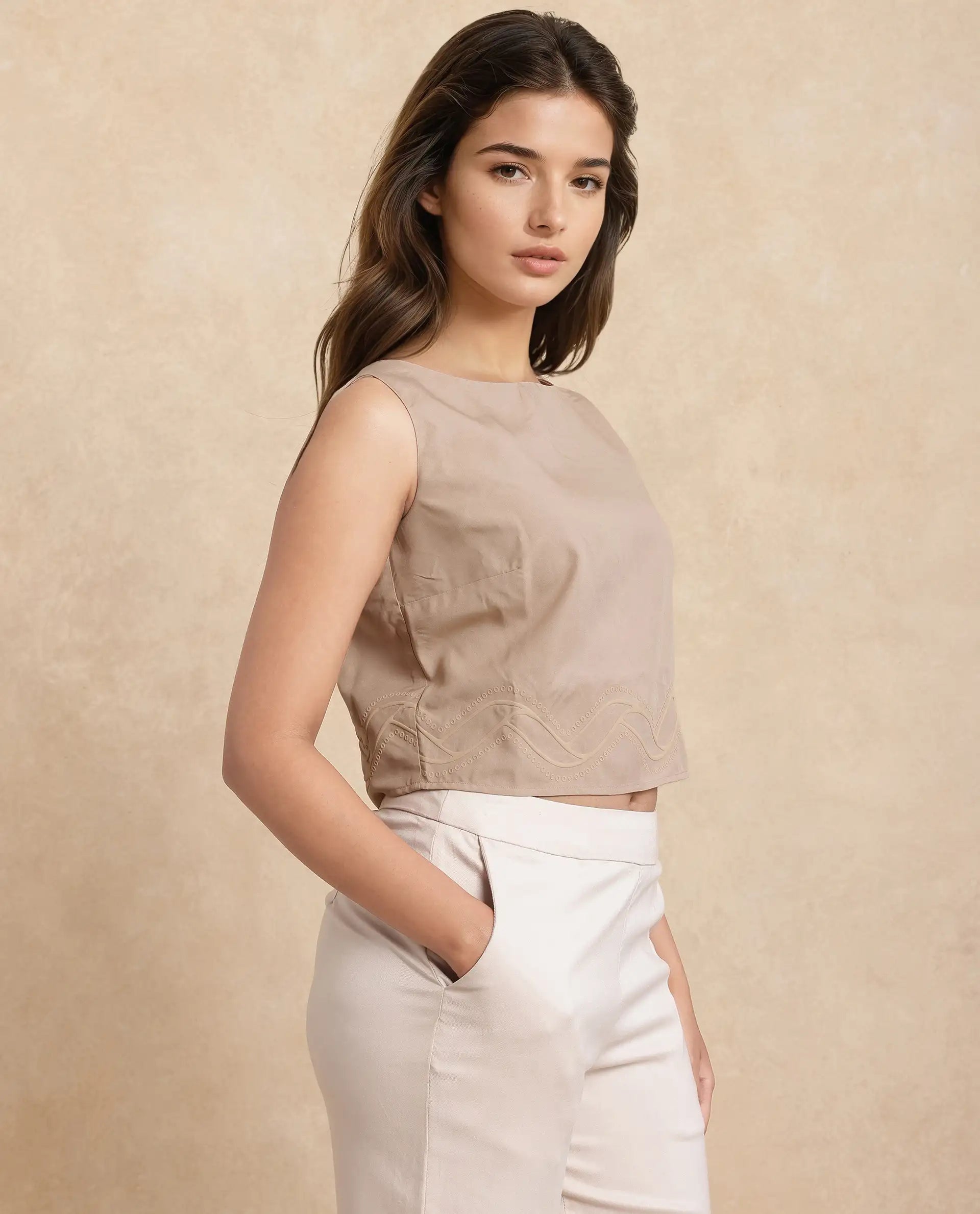 Rareism Women Roneshif-T Beige Viscose Fabric Sleeveless Round Neck Regular Fit Cropped Plain Top