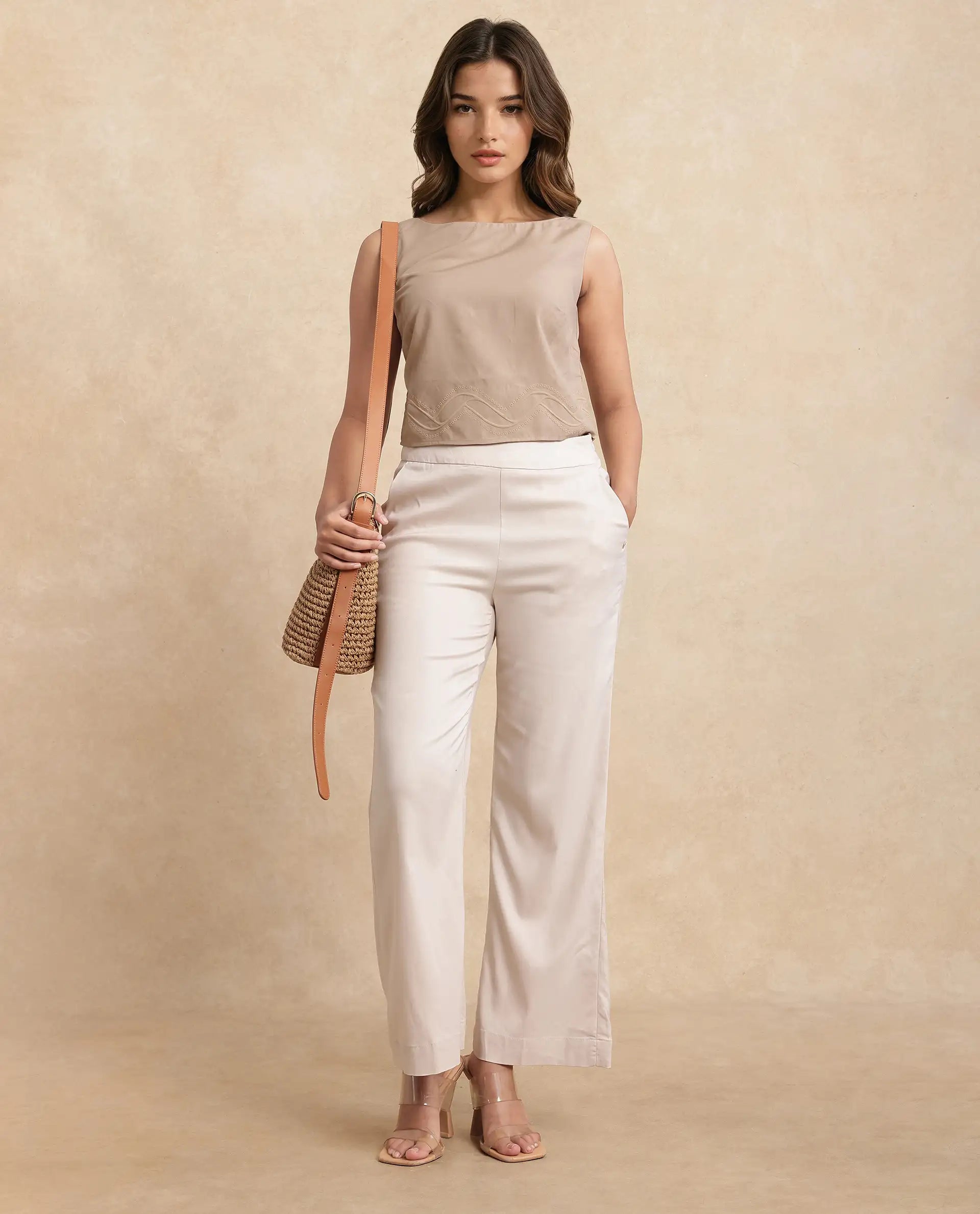 Rareism Women Roneshif-T Beige Viscose Fabric Sleeveless Round Neck Regular Fit Cropped Plain Top