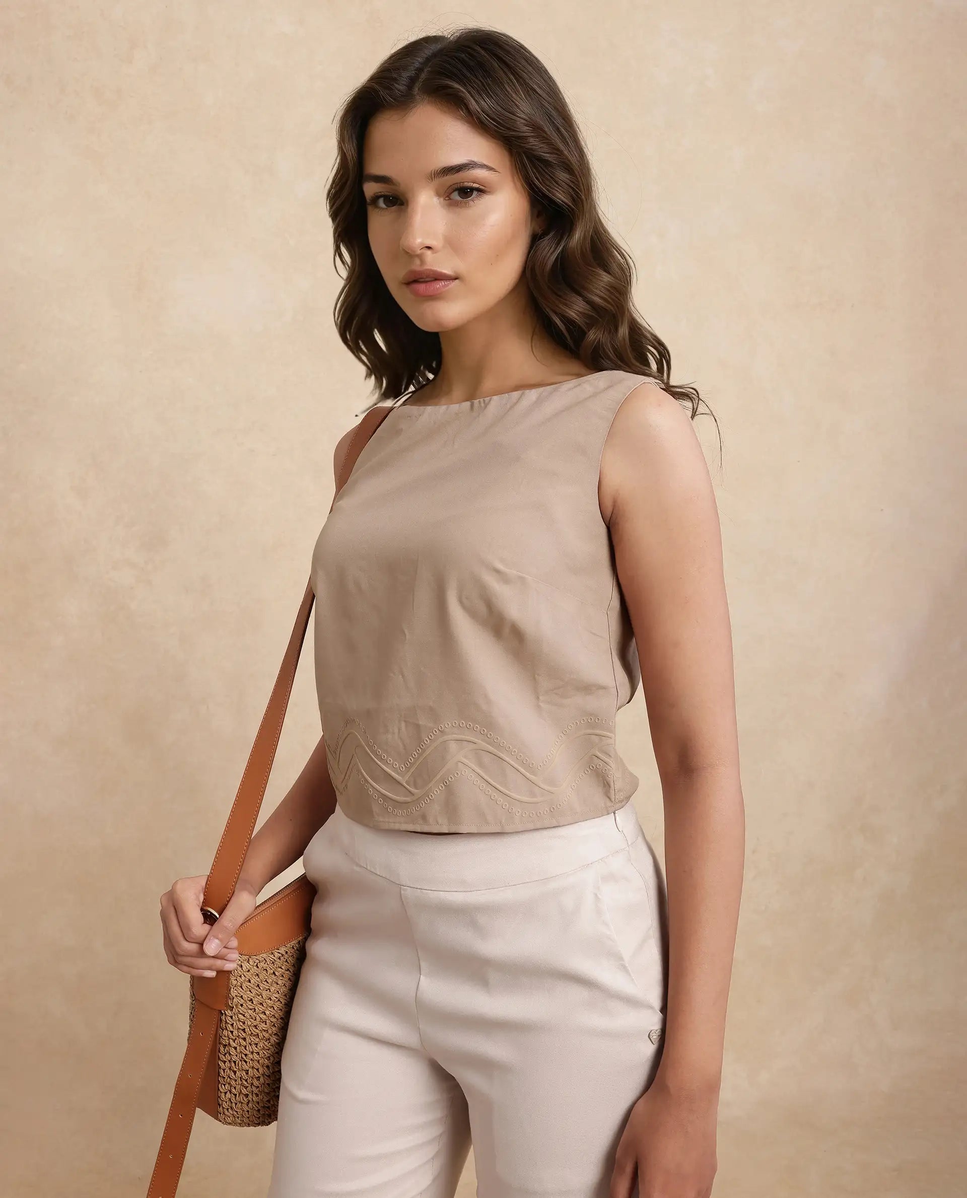 Rareism Women Roneshif-T Beige Viscose Fabric Sleeveless Round Neck Regular Fit Cropped Plain Top