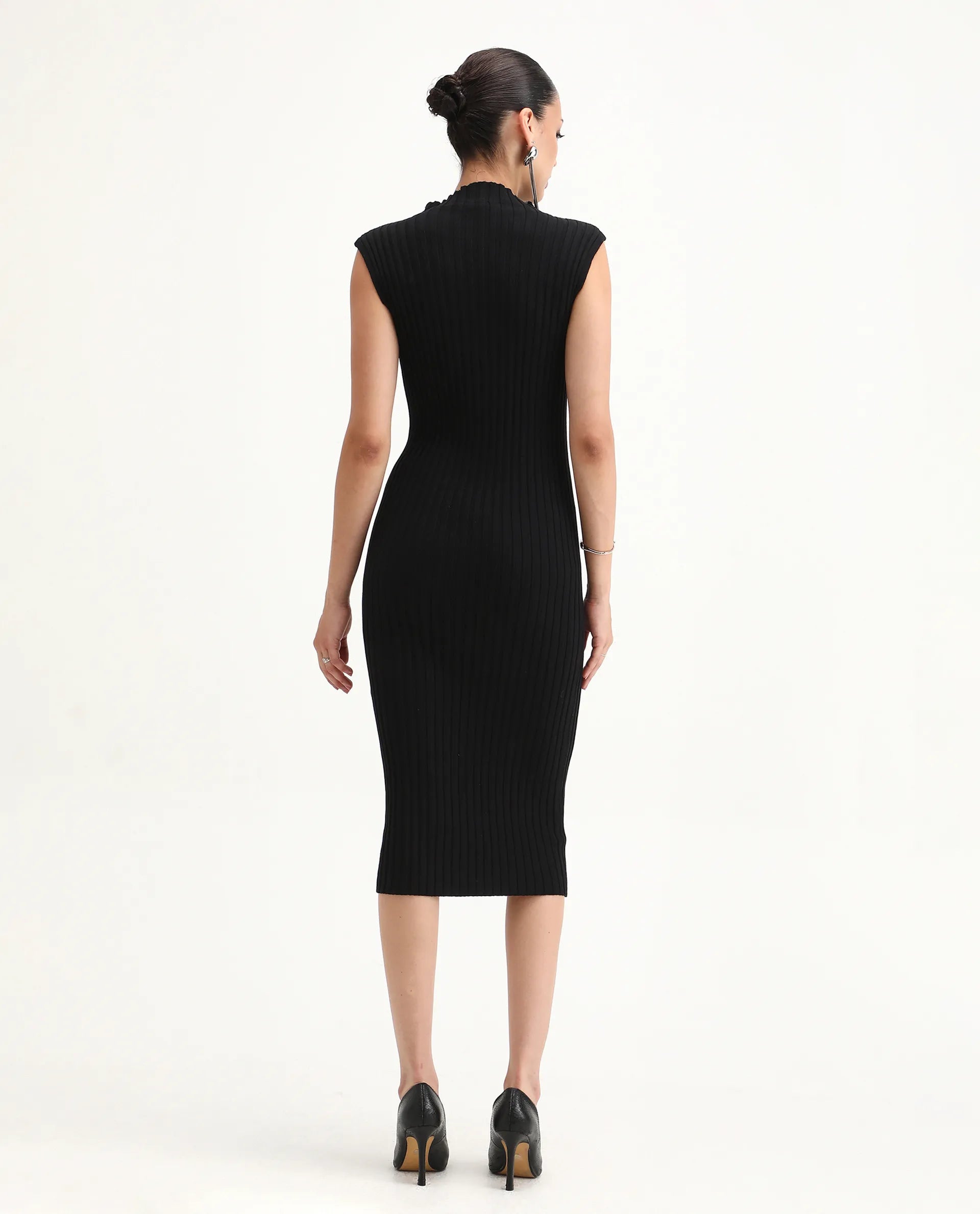 Rareism Women's Ronfa Black Viscose Blend High Neck Plain Sleeveless Midi Bodycon Dress