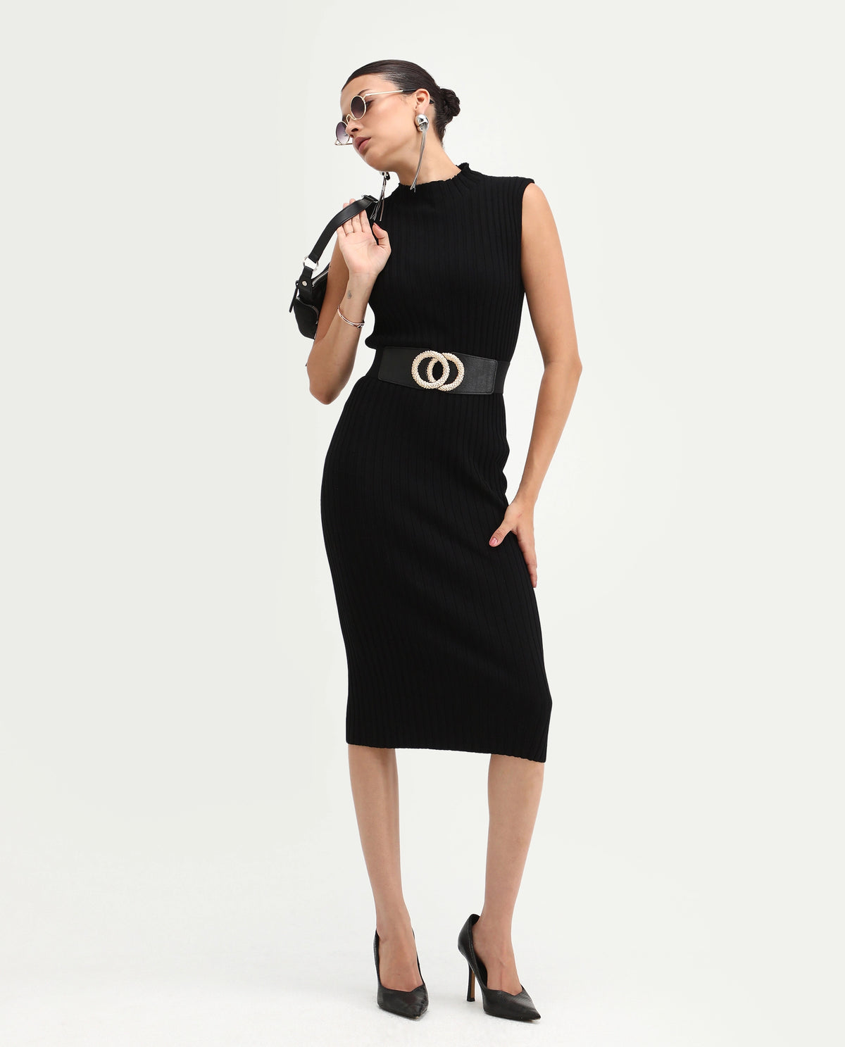 Rareism Women's Ronfa Black Viscose Blend High Neck Plain Sleeveless Midi Bodycon Dress