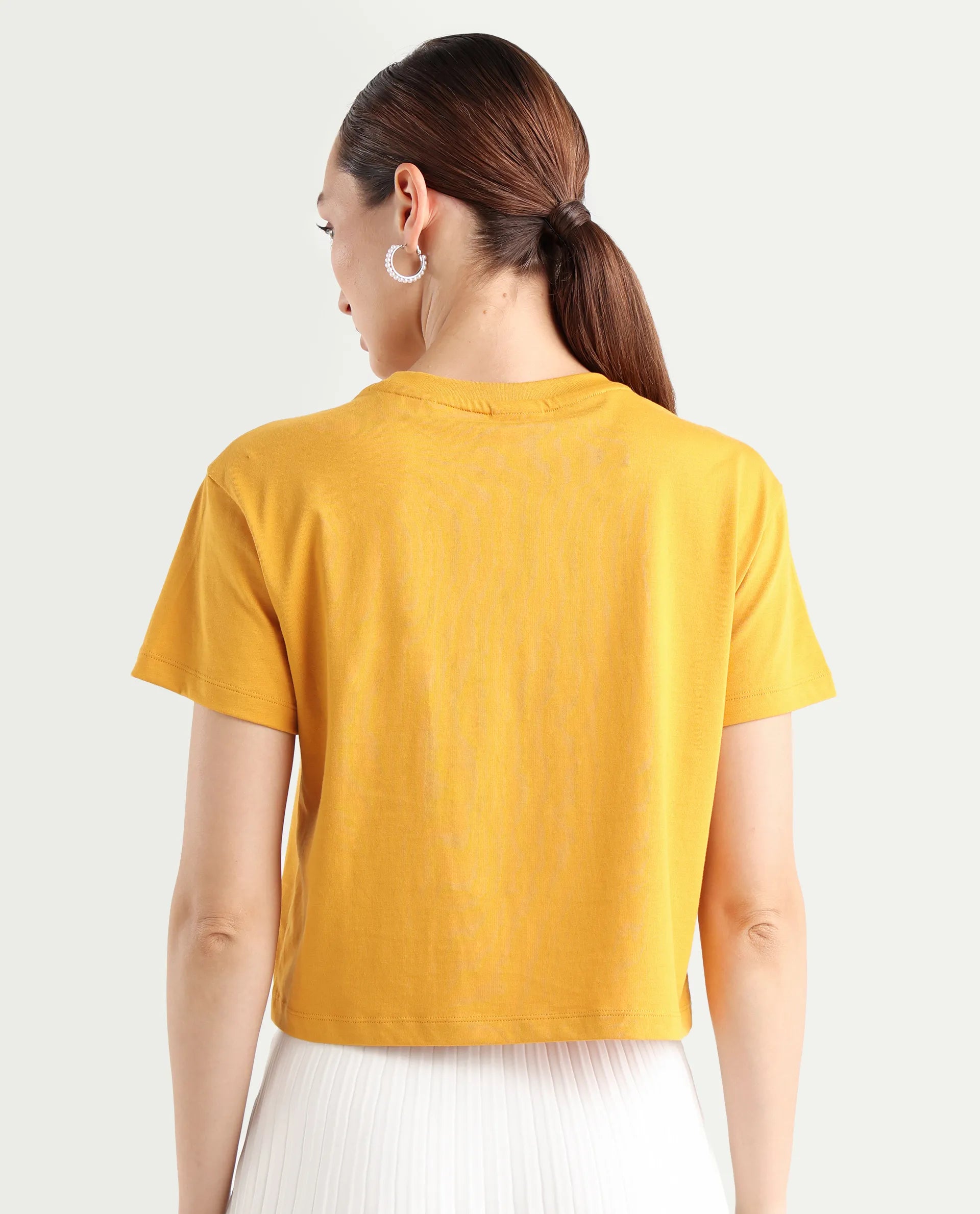 Rareism Women's Ronfel-R Mustard Cotton Regular Typography Print T-Shirt