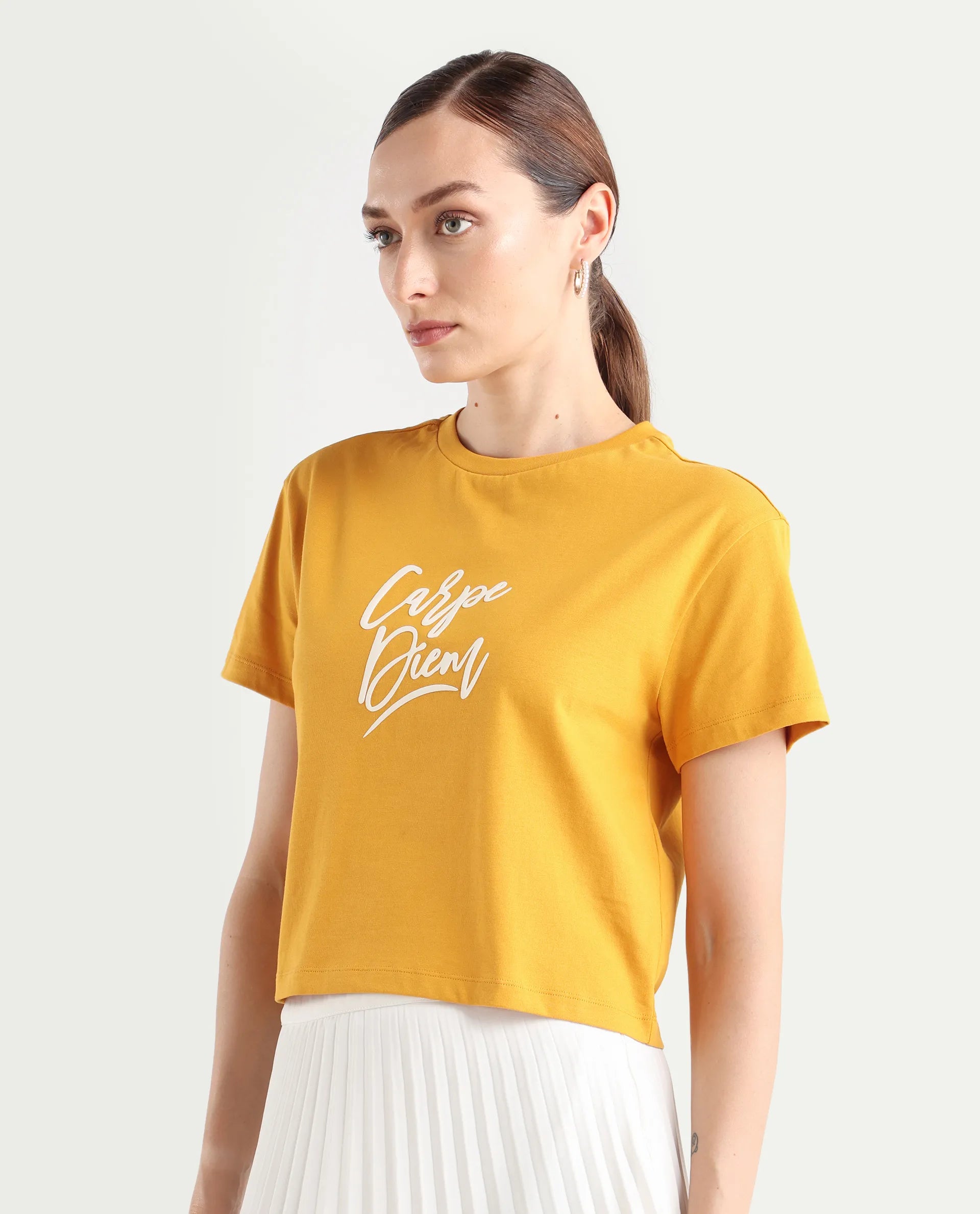 Rareism Women's Ronfel-R Mustard Cotton Regular Typography Print T-Shirt
