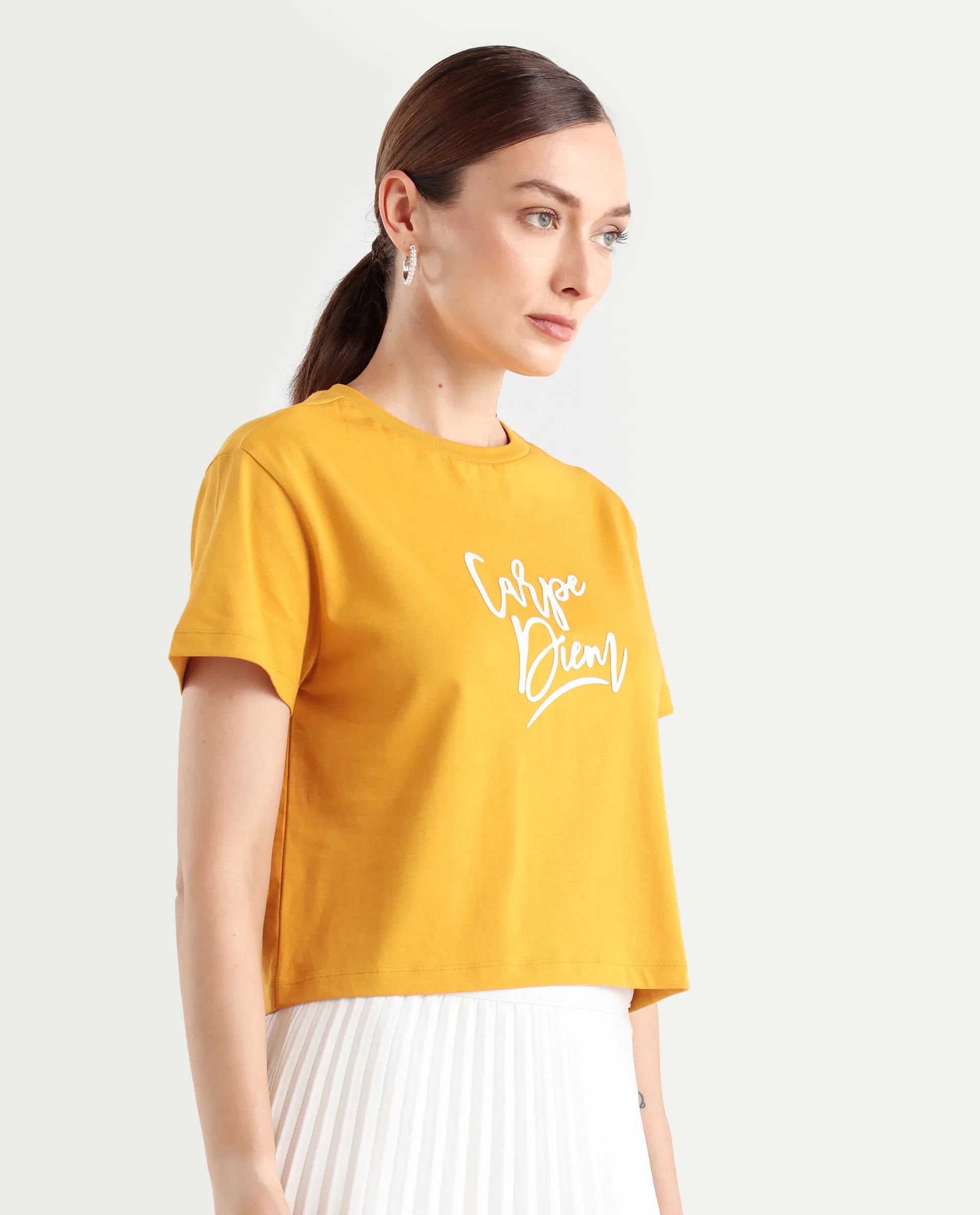Rareism Women's Ronfel-R Mustard Cotton Regular Typography Print T-Shirt