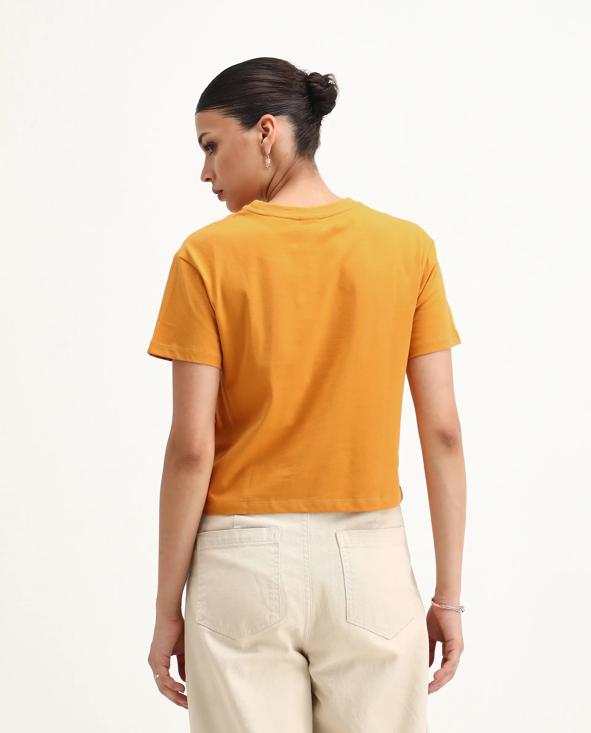 Rareism Women's Ronfel Mustard Cotton Round Neck Typography Print Crop Regular Fit T-Shirt