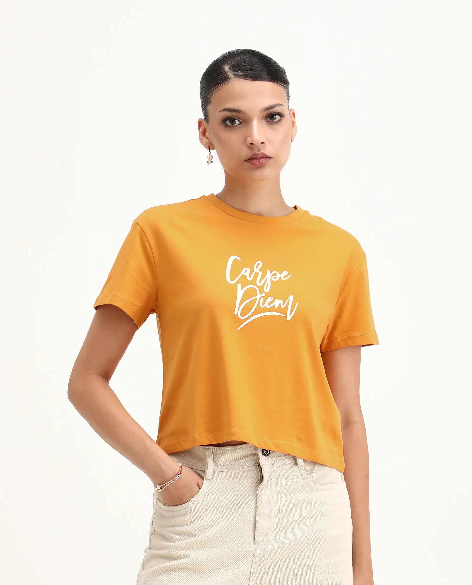 Rareism Women's Ronfel Mustard Cotton Round Neck Typography Print Crop Regular Fit T-Shirt