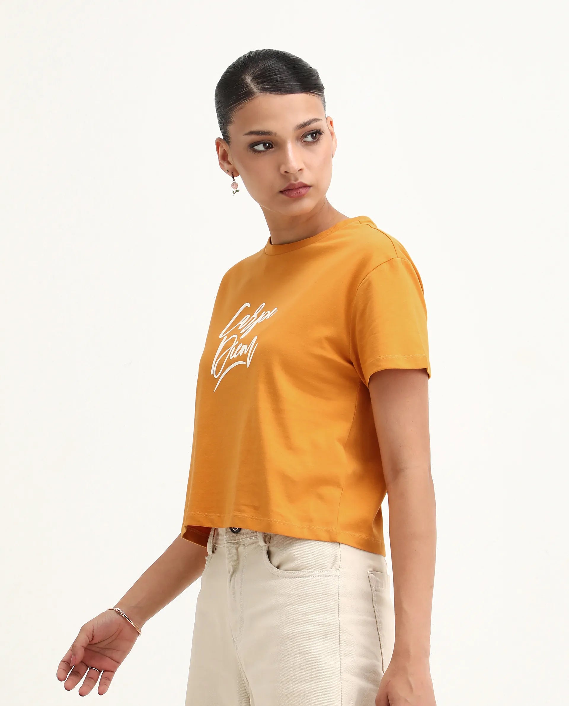 Rareism Women's Ronfel Mustard Cotton Round Neck Typography Print Crop Regular Fit T-Shirt