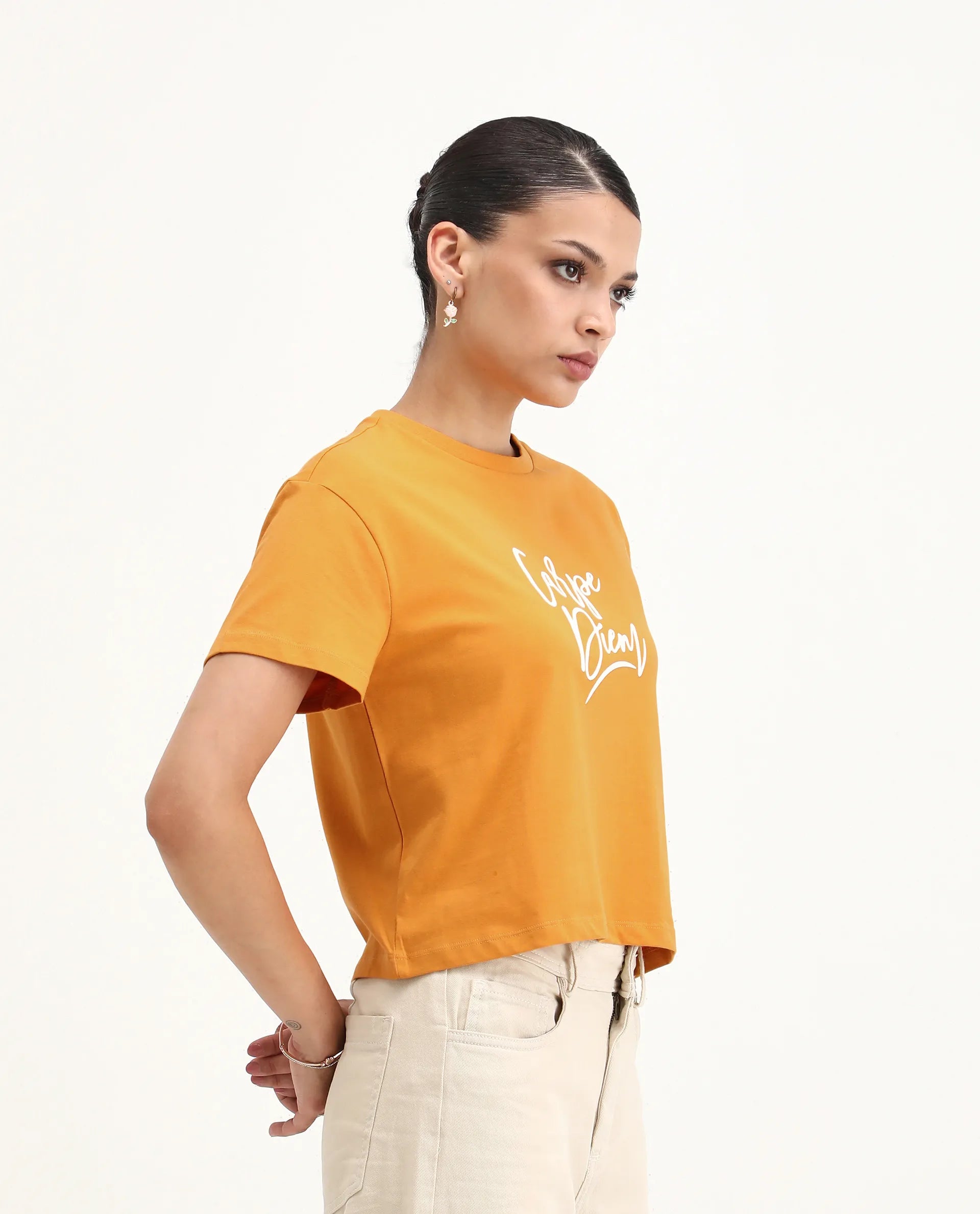Rareism Women's Ronfel Mustard Cotton Round Neck Typography Print Crop Regular Fit T-Shirt