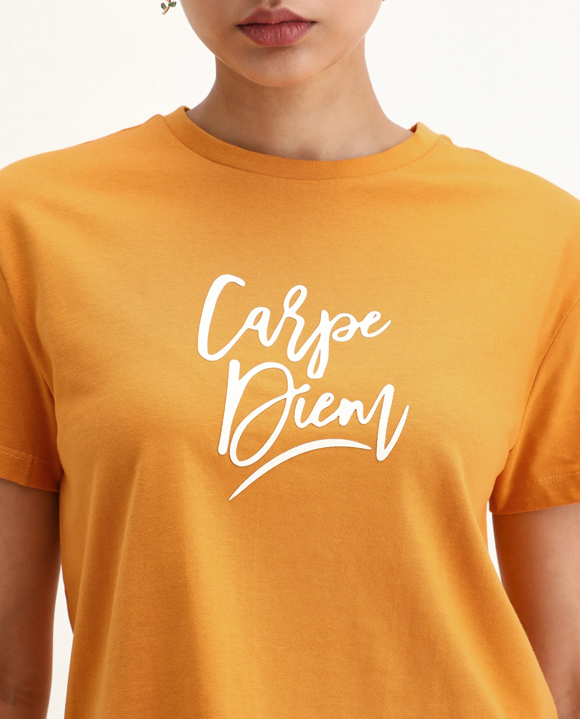 Rareism Women's Ronfel Mustard Cotton Round Neck Typography Print Crop Regular Fit T-Shirt