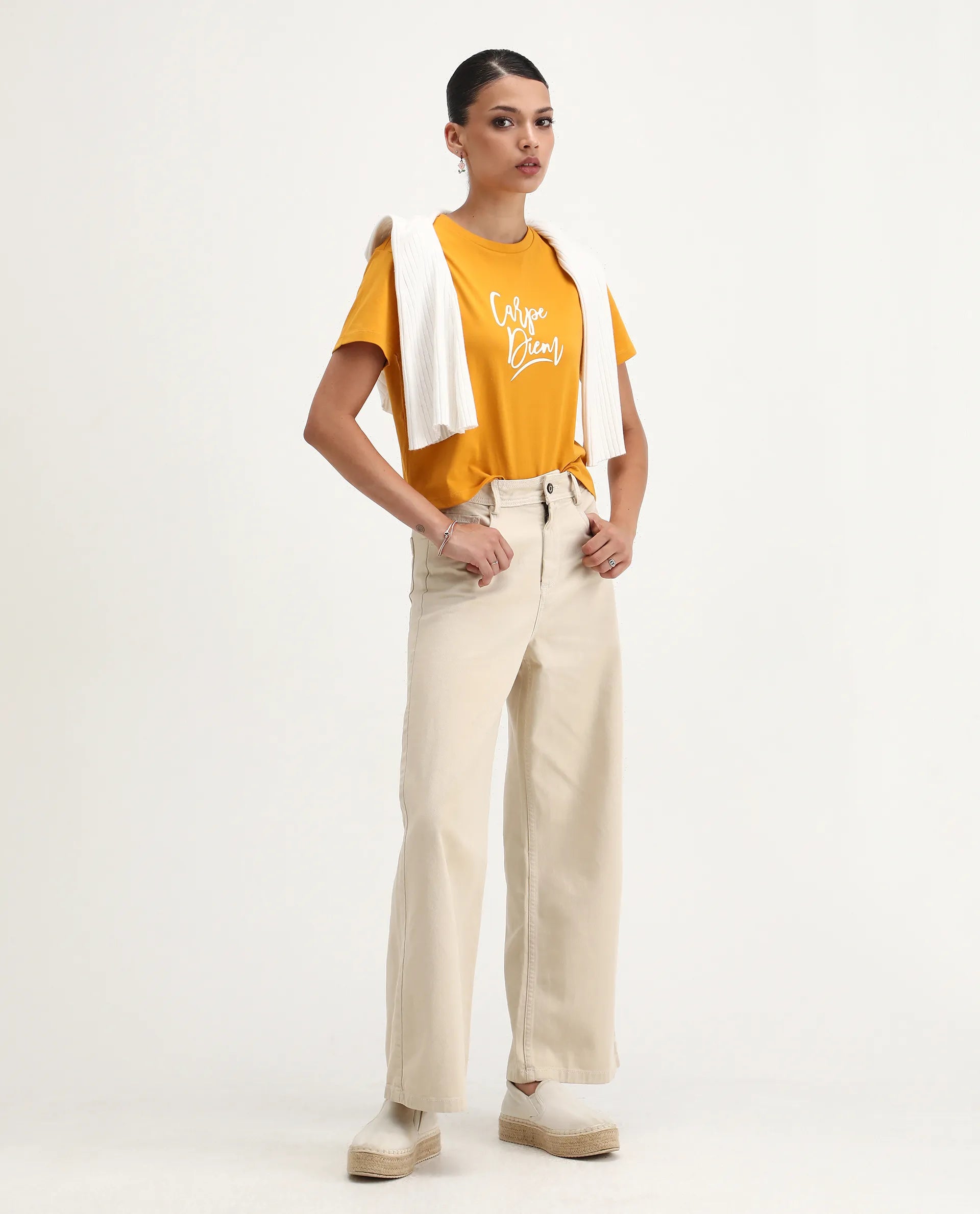 Rareism Women's Ronfel Mustard Cotton Round Neck Typography Print Crop Regular Fit T-Shirt