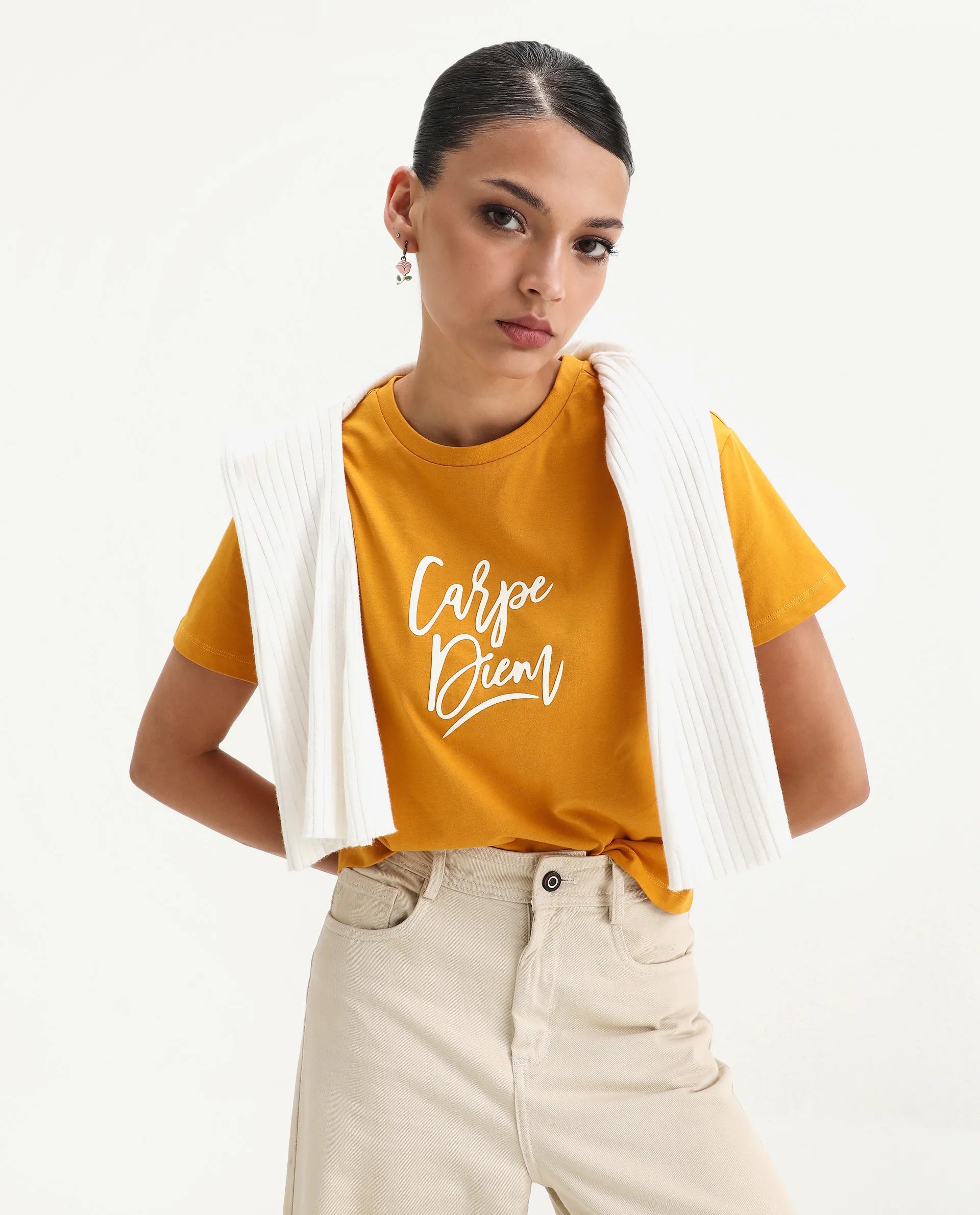 Rareism Women's Ronfel Mustard Cotton Round Neck Typography Print Crop Regular Fit T-Shirt