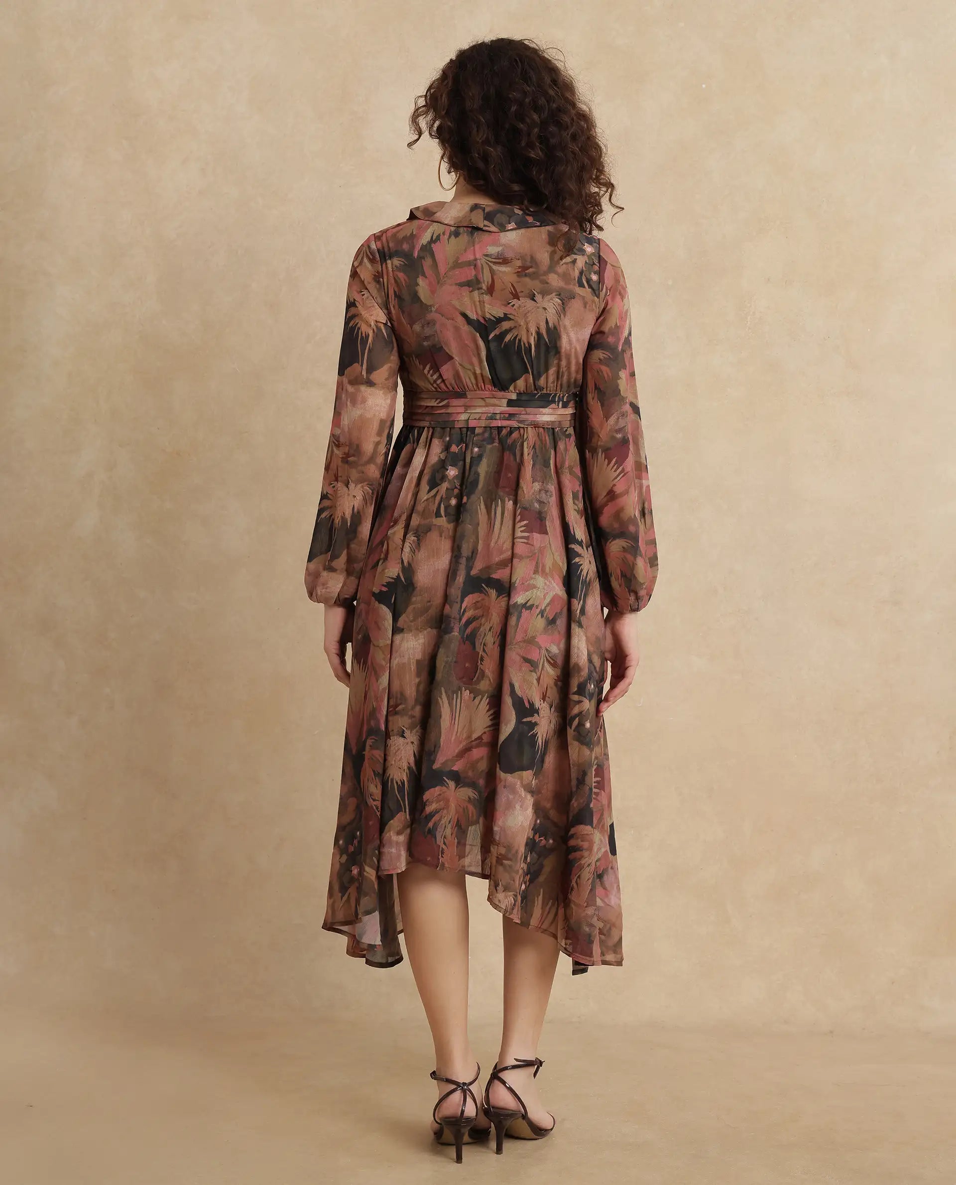 Rareism Women's Ronfriko Dark Green Polyester Fabric V-Neck Zipper Closure Bell Sleeve Floral Print Fit And Flare Midi Dress