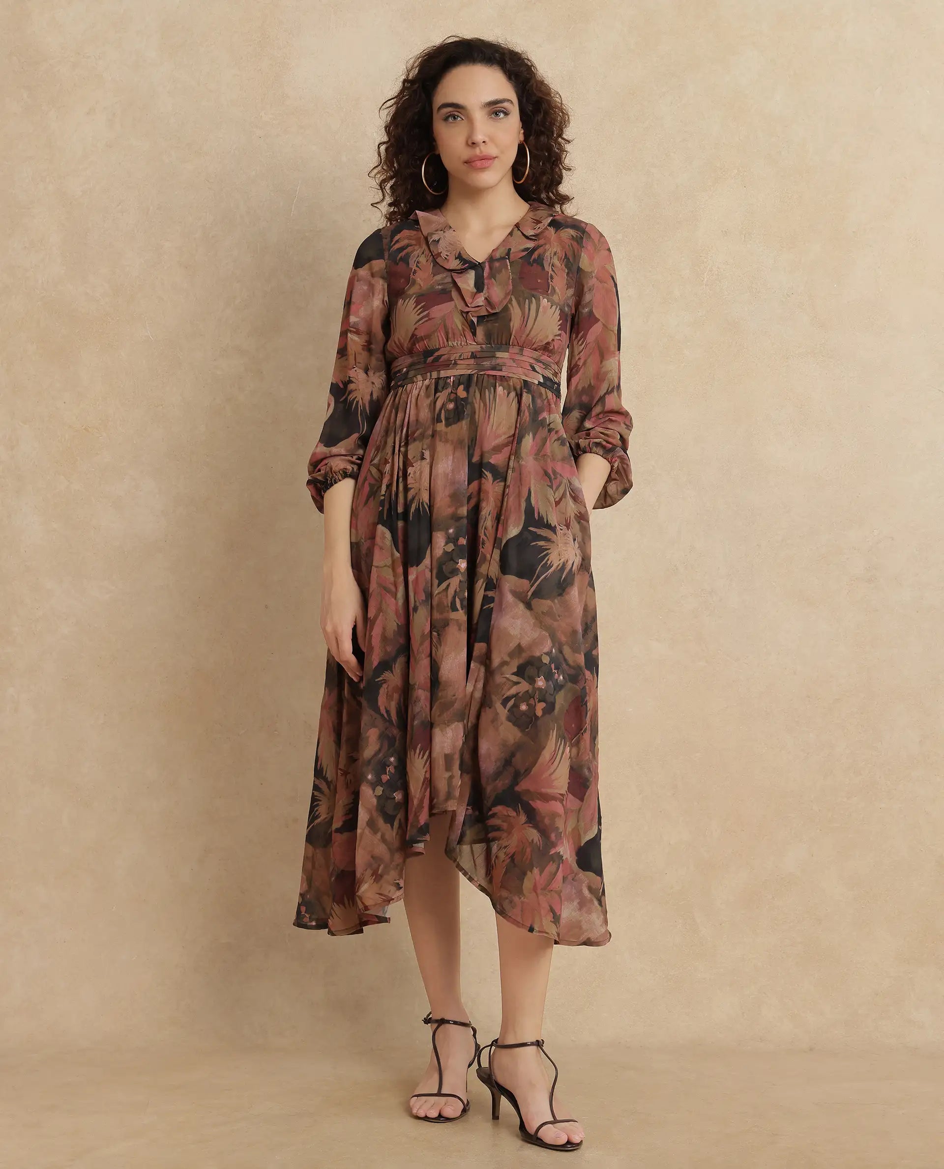 Rareism Women's Ronfriko Dark Green Polyester Fabric V-Neck Zipper Closure Bell Sleeve Floral Print Fit And Flare Midi Dress