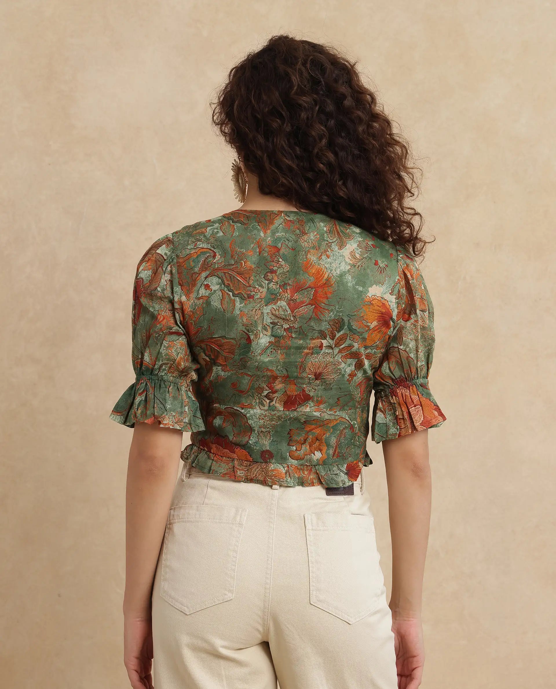 Rareism Women Ronia Green Cotton Fabric Ruffled Sleeve Band Collar Relaxed Fit Cropped Abstract Print Top