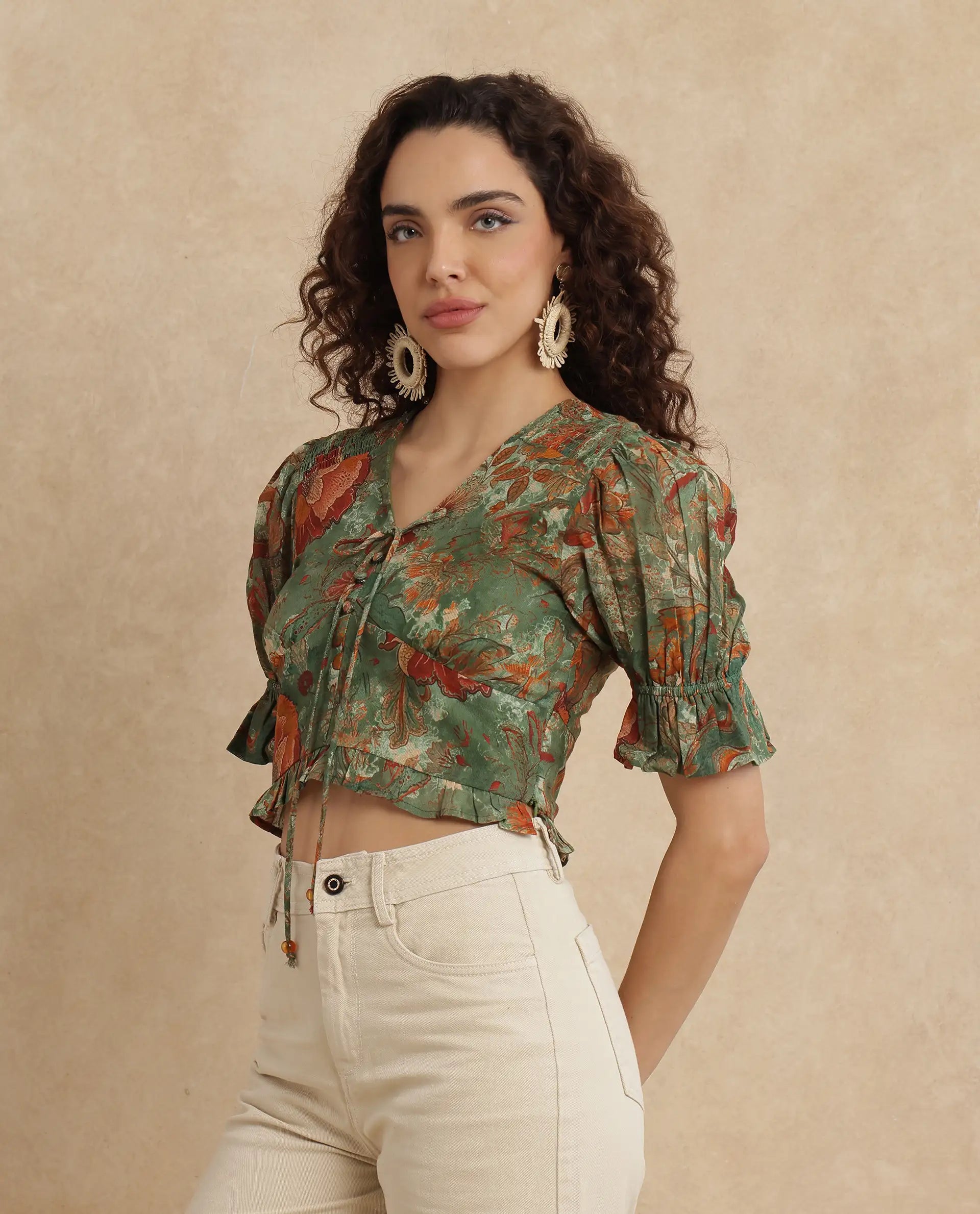 Rareism Women Ronia Green Cotton Fabric Ruffled Sleeve Band Collar Relaxed Fit Cropped Abstract Print Top