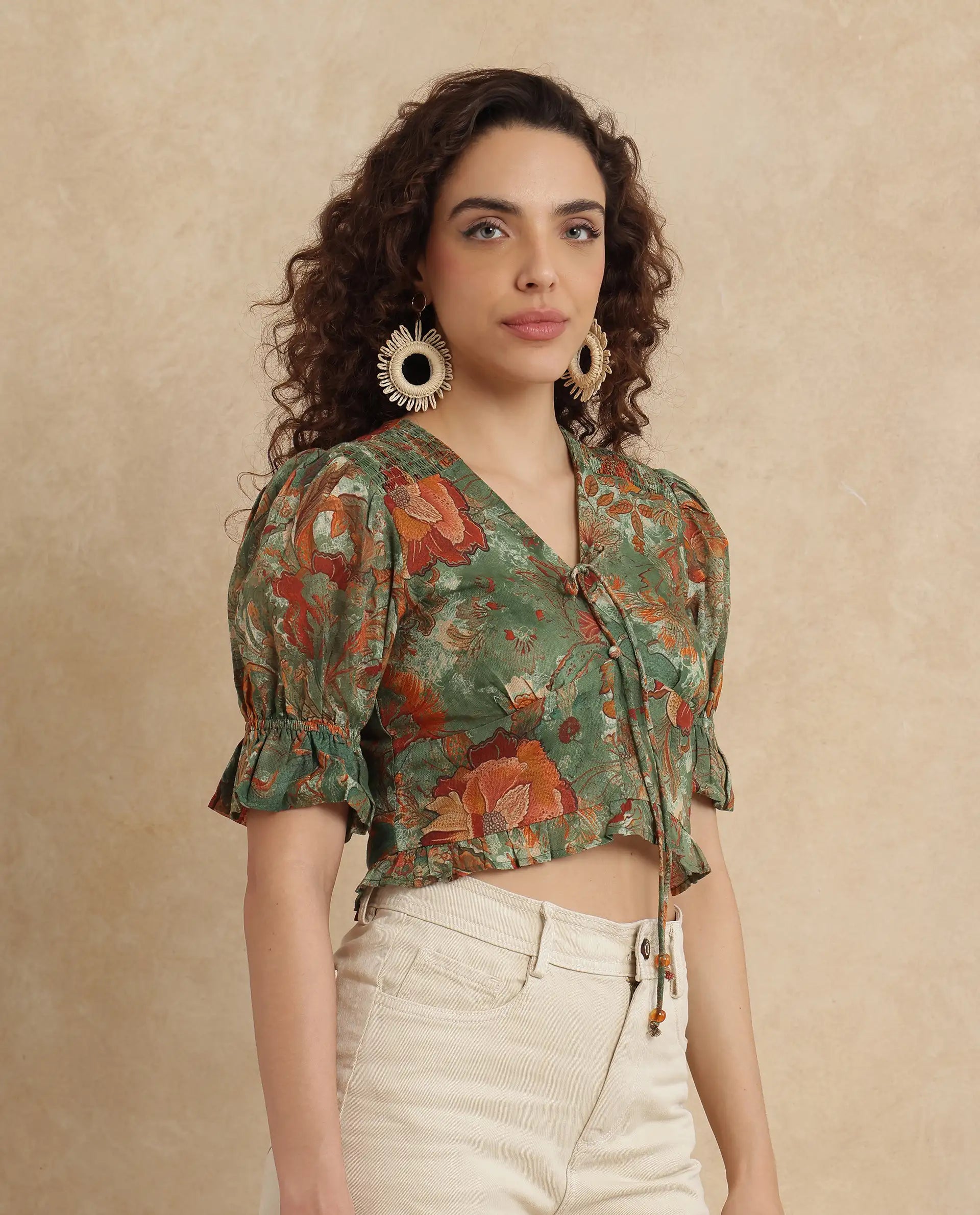 Rareism Women Ronia Green Cotton Fabric Ruffled Sleeve Band Collar Relaxed Fit Cropped Abstract Print Top