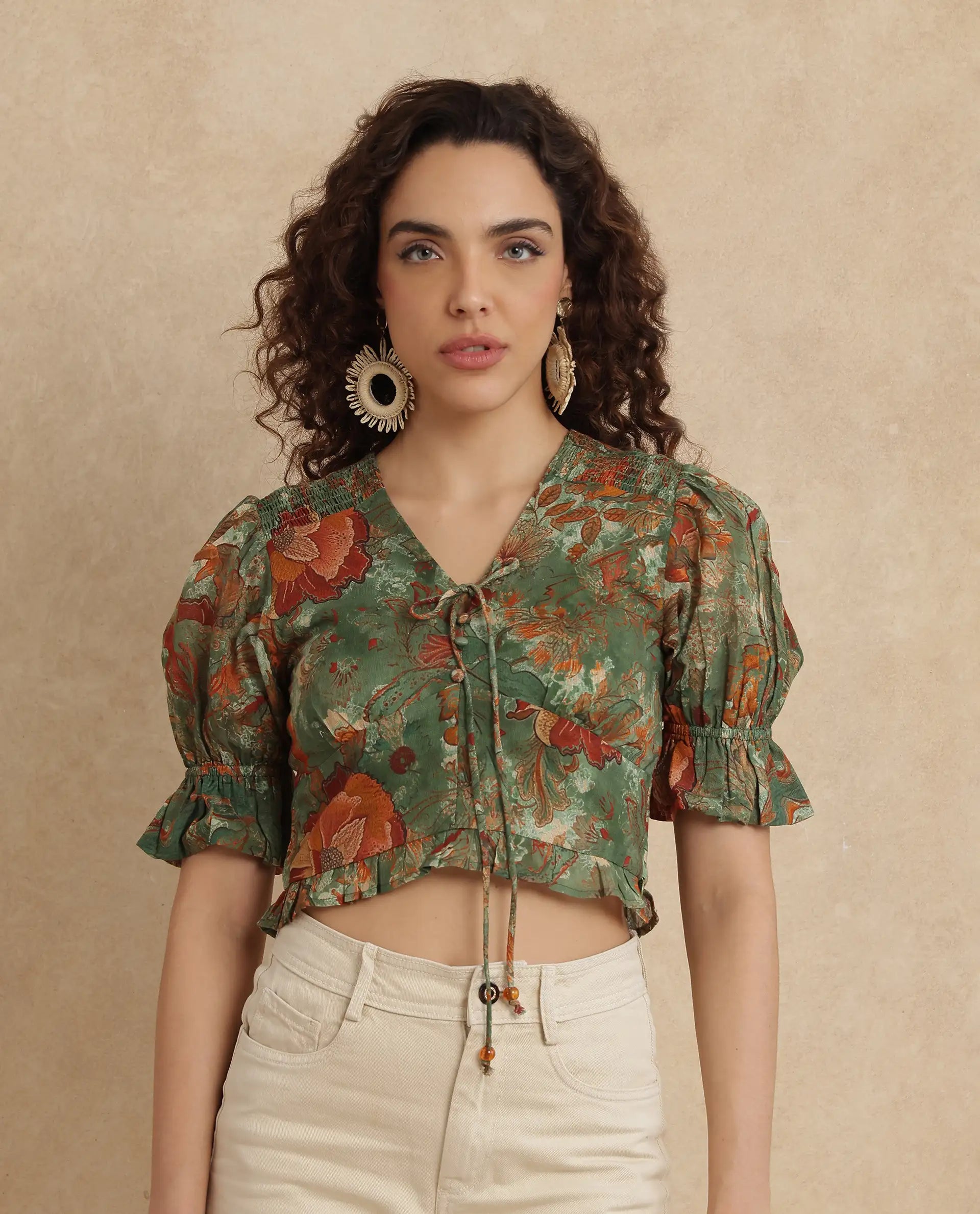 Rareism Women Ronia Green Cotton Fabric Ruffled Sleeve Band Collar Relaxed Fit Cropped Abstract Print Top