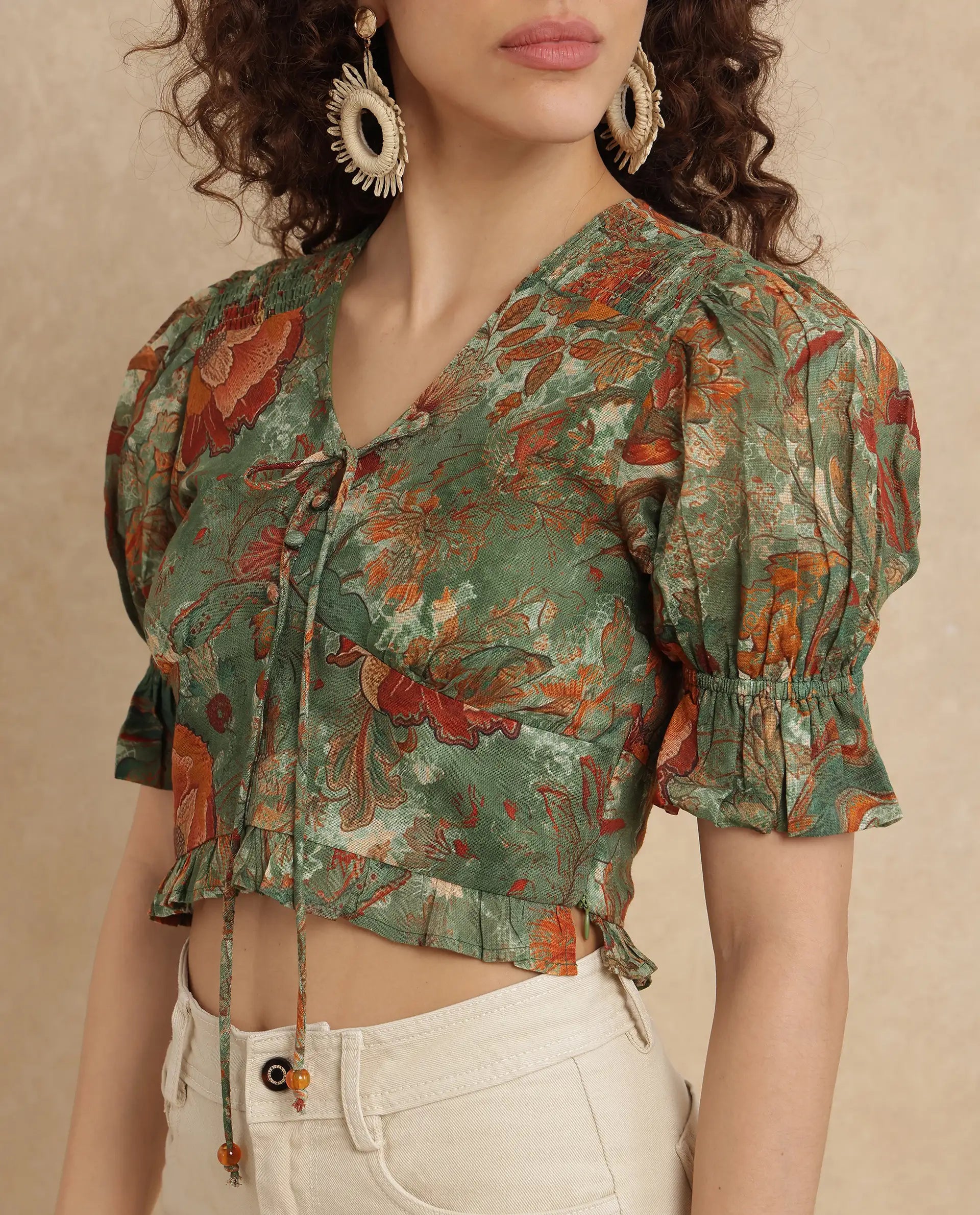 Rareism Women Ronia Green Cotton Fabric Ruffled Sleeve Band Collar Relaxed Fit Cropped Abstract Print Top