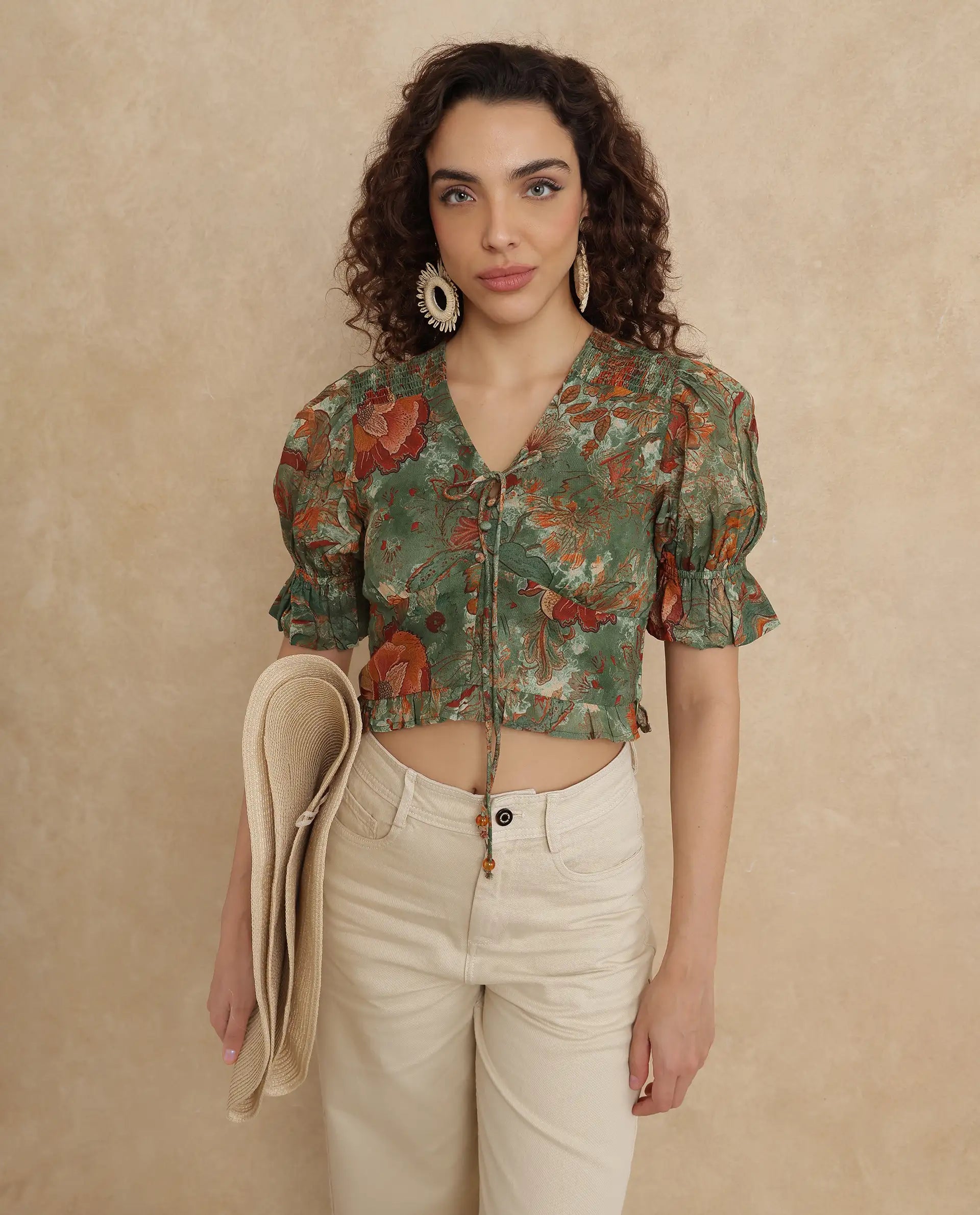 Rareism Women Ronia Green Cotton Fabric Ruffled Sleeve Band Collar Relaxed Fit Cropped Abstract Print Top