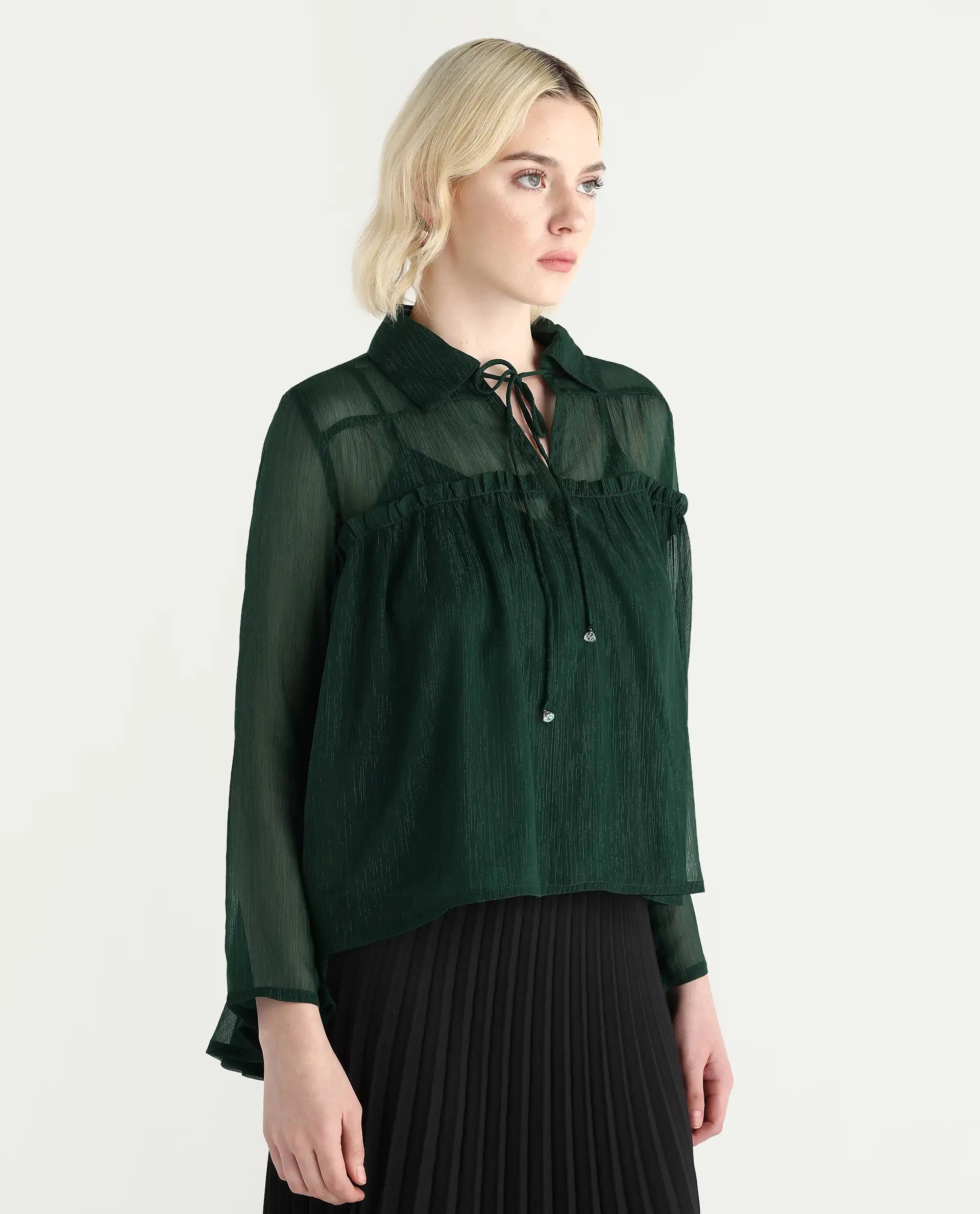 Rareism Women's Ronie Dark Green Polyester V-Neck Plain Puff Sleeves Regular Fit Top